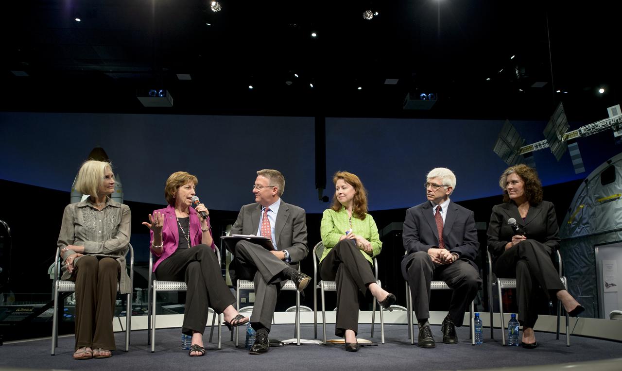 Panel discussion participants, from left, Linda Billings, research professor, Media and Public Affairs, The George Washington University, Ellen Ochoa, director, NASA Johnson Space Center, Tom Costello, NBC News and moderator for the event, Margaret Weitekamp, space history curator, National Air and Space Museum, Dan Vergano, science writer for USA Today, and Rene McCormick, director of standards and quality, National Math and Science Initiative, are seen during a program titled "Sally Ride: How Her Historic Space Mission Opened Doors for Women in Science" held on Friday, May 17, 2013 at the National Air and Space Museum in Washington.  Photo Credit: (NASA/Bill Ingalls)