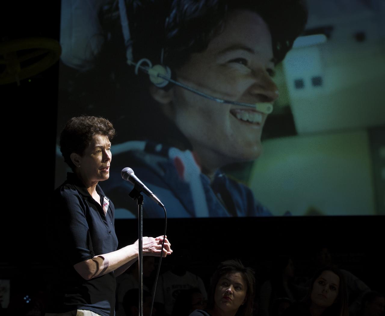 Sally Ride's life partner, Tam O'Shaughnessy, Chair of the Board of Sally Ride Science, talks during a program titled "Sally Ride: How Her Historic Space Mission Opened Doors for Women in Science" held on Friday, May 17, 2013 at the National Air and Space Museum in Washington.  Photo Credit: (NASA/Bill Ingalls)