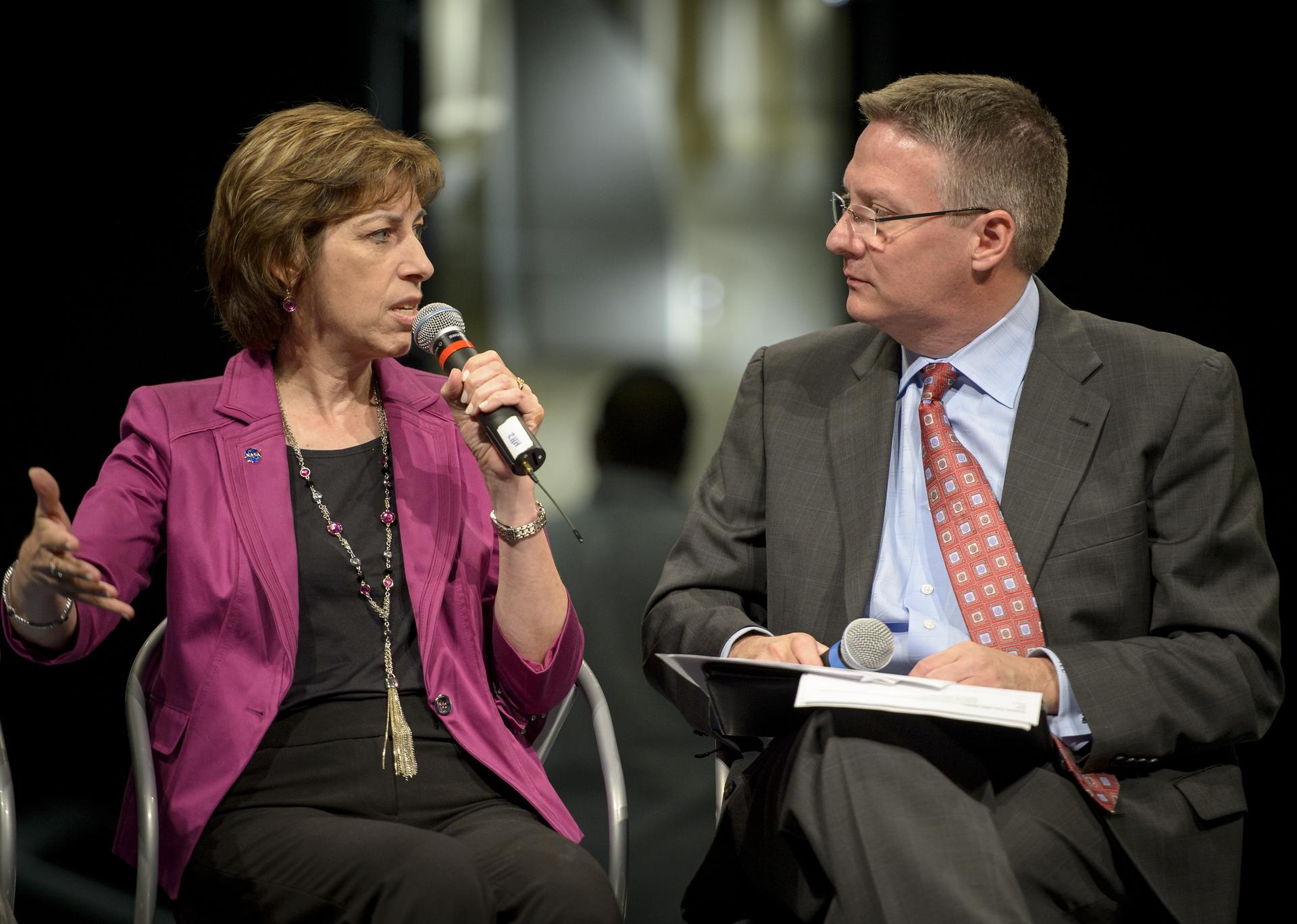 JSC Center Director Ellen Ochoa and Tom Costello from NBC News on stage during a panel discussion on Sally Ride's legacy