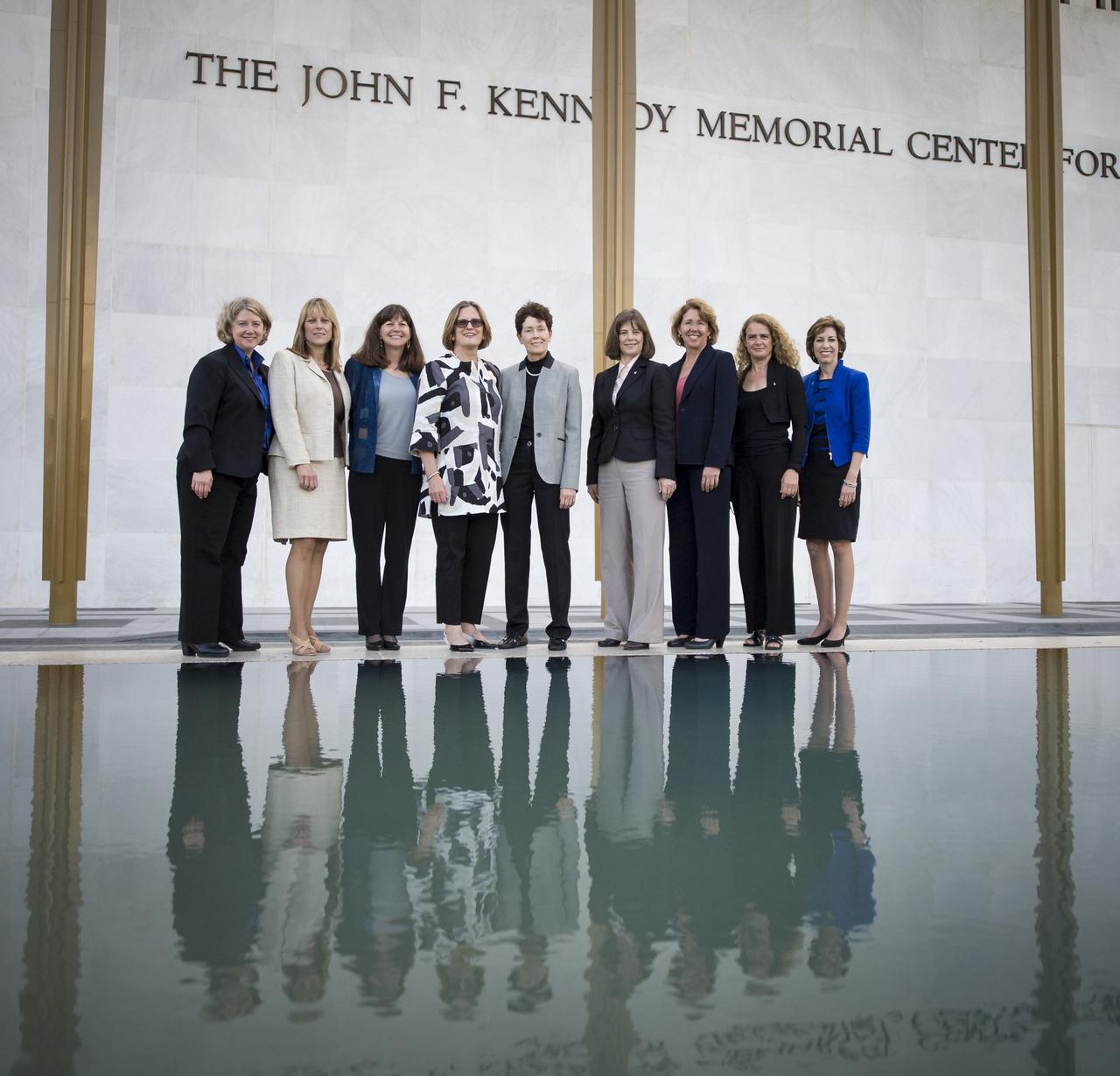 From left, astronauts Pam Melroy; Kay Hire; Cady Coleman; Kathy Sullivan; Tam O'Shaughnessy, Sally Ride's life partner and chair, board of directors of Sally Ride Science; astronauts Bonnie Dunbar; Sandy Magnus; Julie Payette; and Ellen Ochoa, pose for a photograph before a National Tribute to Sally Ride at the John F. Kennedy Center for the Performing Arts, Monday, May 20, 2013 in Washington. Photo Credit: (NASA/Bill Ingalls)