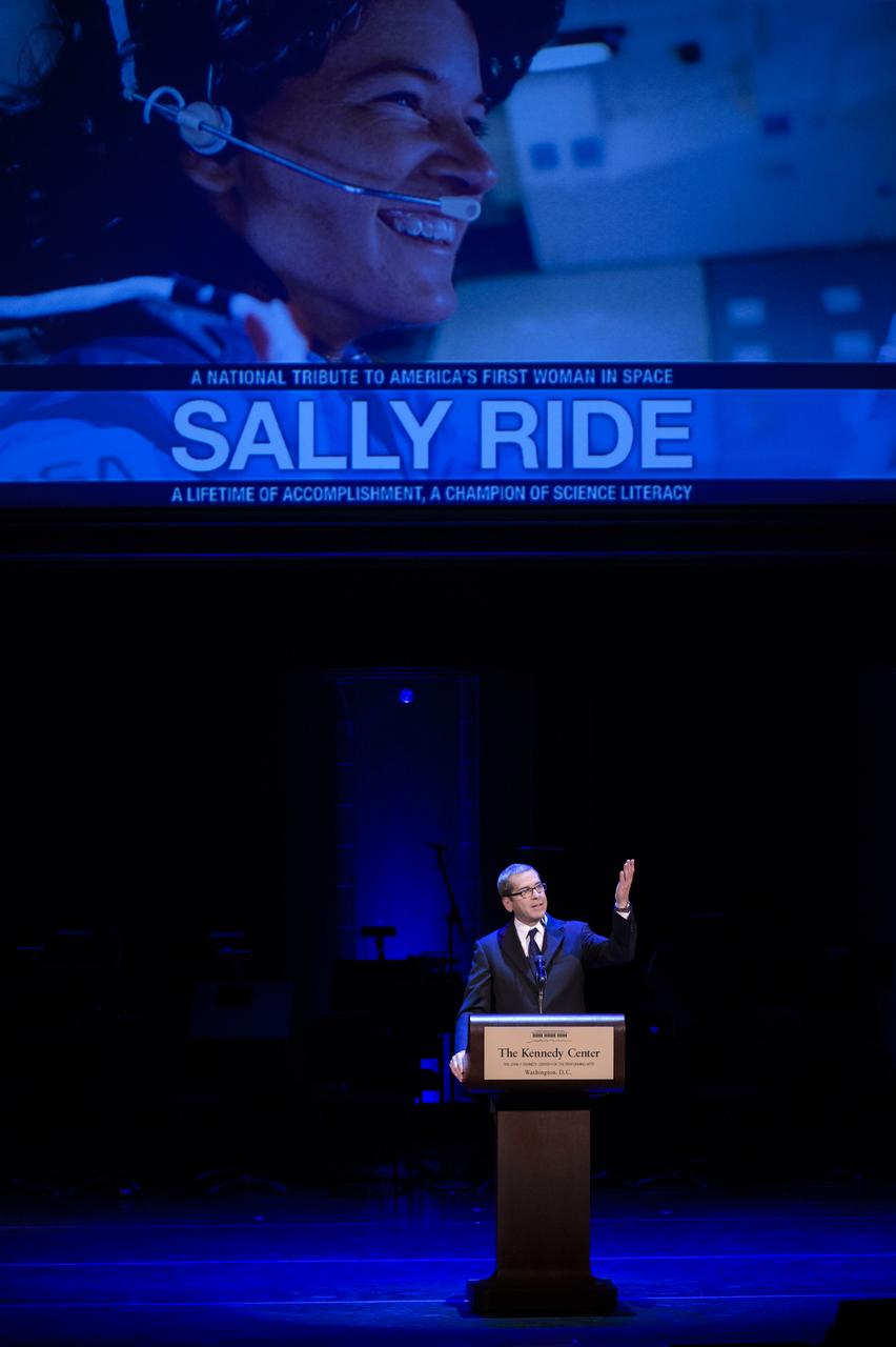 Miles O'Brien of PBS serves as master of ceremonies during a National Tribute to Sally Ride at the John F. Kennedy Center for the Performing Arts, Monday, May 20, 2013 in Washington. Photo Credit: (NASA/Bill Ingalls)