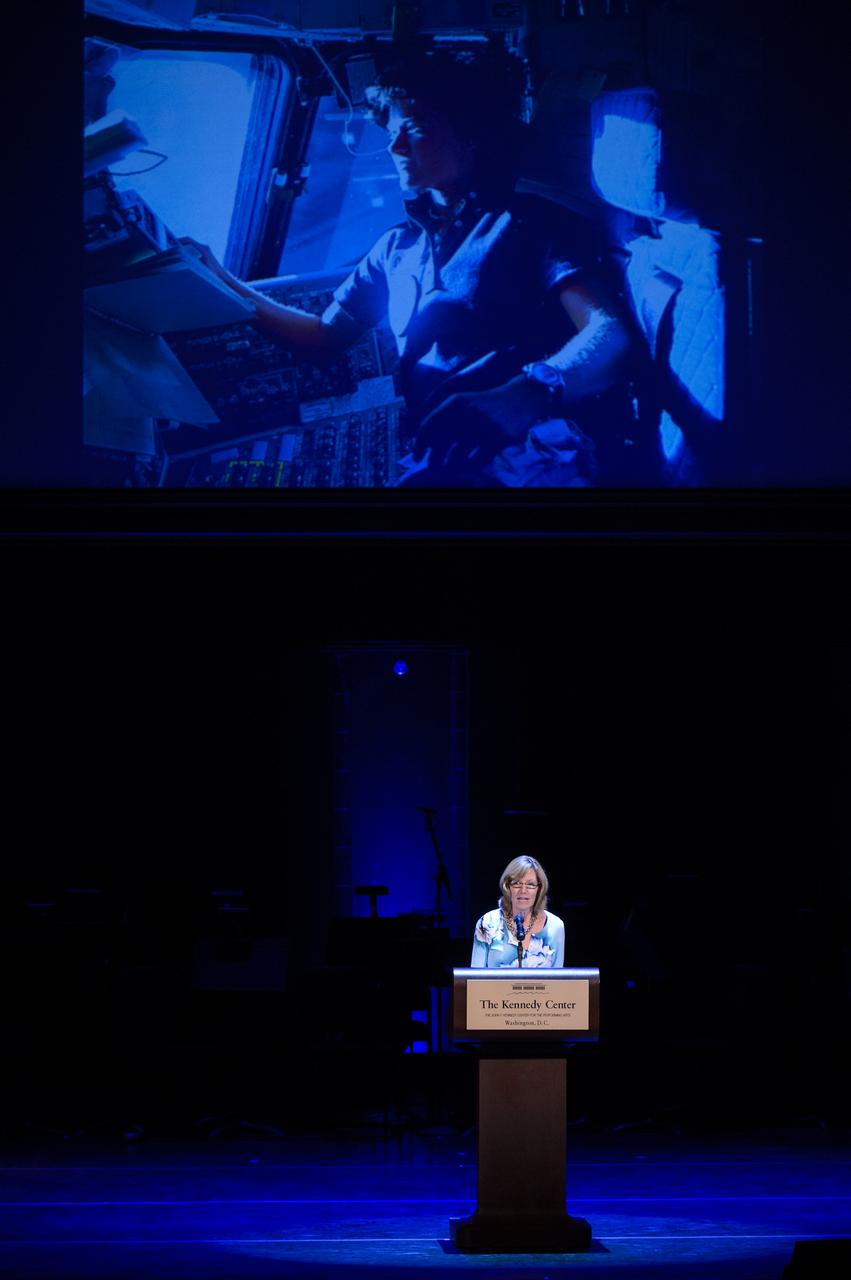 Co-Founder of Sally Ride Science Karen Flammer talks about educational outreach programs for NASA, ISS EarthKAM, and Grail MoonKAM during the National Tribute to Sally Ride at the John F. Kennedy Center for the Performing Arts, Monday, May 20, 2013 in Washington. Photo Credit: (NASA/Bill Ingalls)