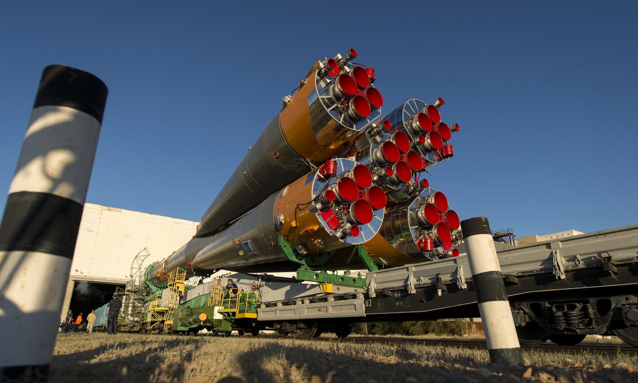 The Soyuz TMA-09M spacecraft is rolled out by train to the Baikonur Cosmodrome launch pad, Sunday, May 26, 2013, in Kazakhstan.  The launch of the Soyuz rocket to the International Space Station (ISS) with Expedition 36/37 Soyuz Commander Fyodor Yurchikhin of the Russian Federal Space Agency (Roscosmos), Flight Engineers; Luca Parmitano of the European Space Agency, and Karen Nyberg of NASA, is scheduled for Wednesday May 29, Kazakh time. Yurchikhin, Nyberg, and, Parmitano, will remain aboard the station until mid-November. Photo credit: (NASA/Bill Ingalls)