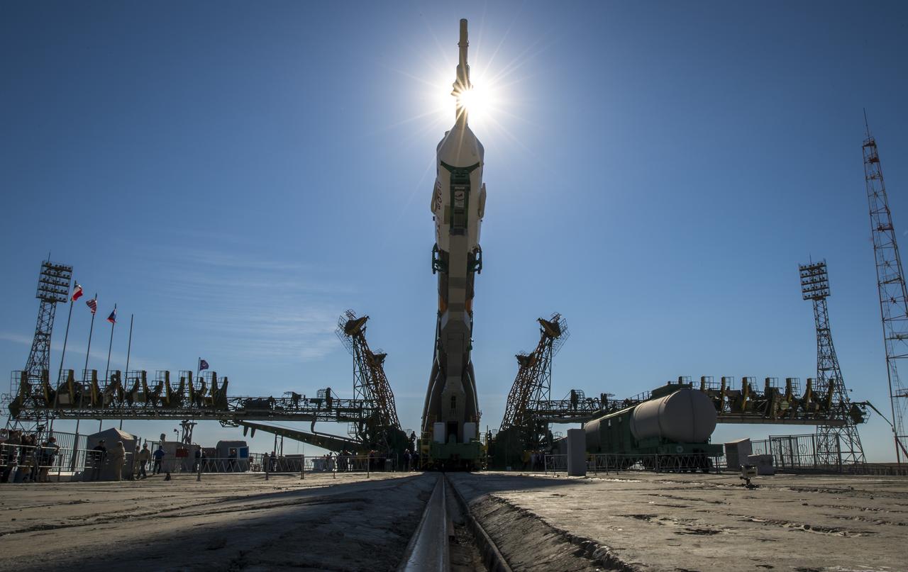 The Soyuz TMA-09M spacecraft is raised into vertical position after arriving at the Baikonur Cosmodrome launch pad by train, Sunday, May 26, 2013, in Kazakhstan.  The launch of the Soyuz rocket to the International Space Station (ISS) with Expedition 36/37 Soyuz Commander Fyodor Yurchikhin of the Russian Federal Space Agency (Roscosmos), Flight Engineers; Luca Parmitano of the European Space Agency, and Karen Nyberg of NASA, is scheduled for Wednesday May 29, Kazakh time. Yurchikhin, Nyberg, and, Parmitano, will remain aboard the station until mid-November. Photo credit: (NASA/Bill Ingalls)