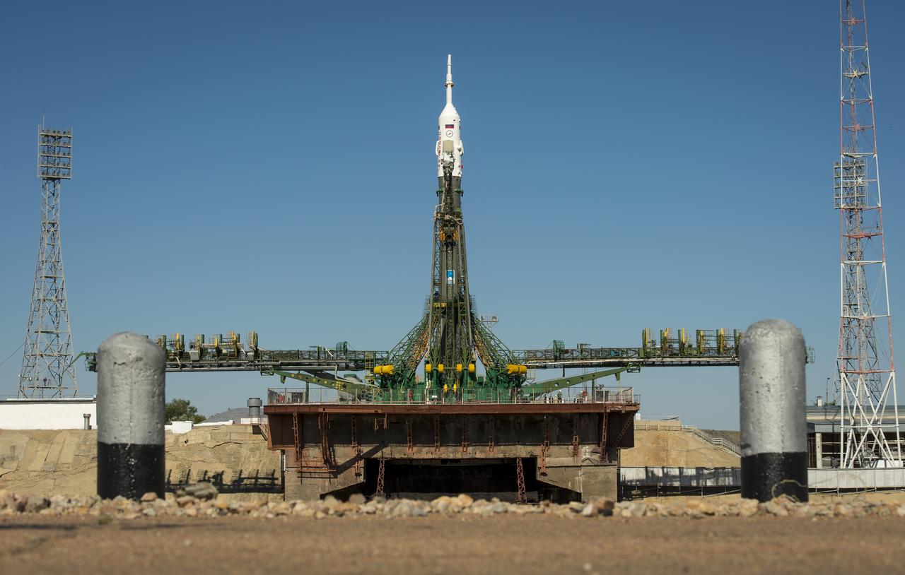 The Soyuz TMA-09M spacecraft is seen after arriving at the Baikonur Cosmodrome launch pad by train, Sunday, May 26, 2013, in Kazakhstan.  The launch of the Soyuz rocket to the International Space Station (ISS) with Expedition 36/37 Soyuz Commander Fyodor Yurchikhin of the Russian Federal Space Agency (Roscosmos), Flight Engineers; Luca Parmitano of the European Space Agency, and Karen Nyberg of NASA, is scheduled for Wednesday May 29, Kazakh time. Yurchikhin, Nyberg, and, Parmitano, will remain aboard the station until mid-November. Photo credit: (NASA/Bill Ingalls)