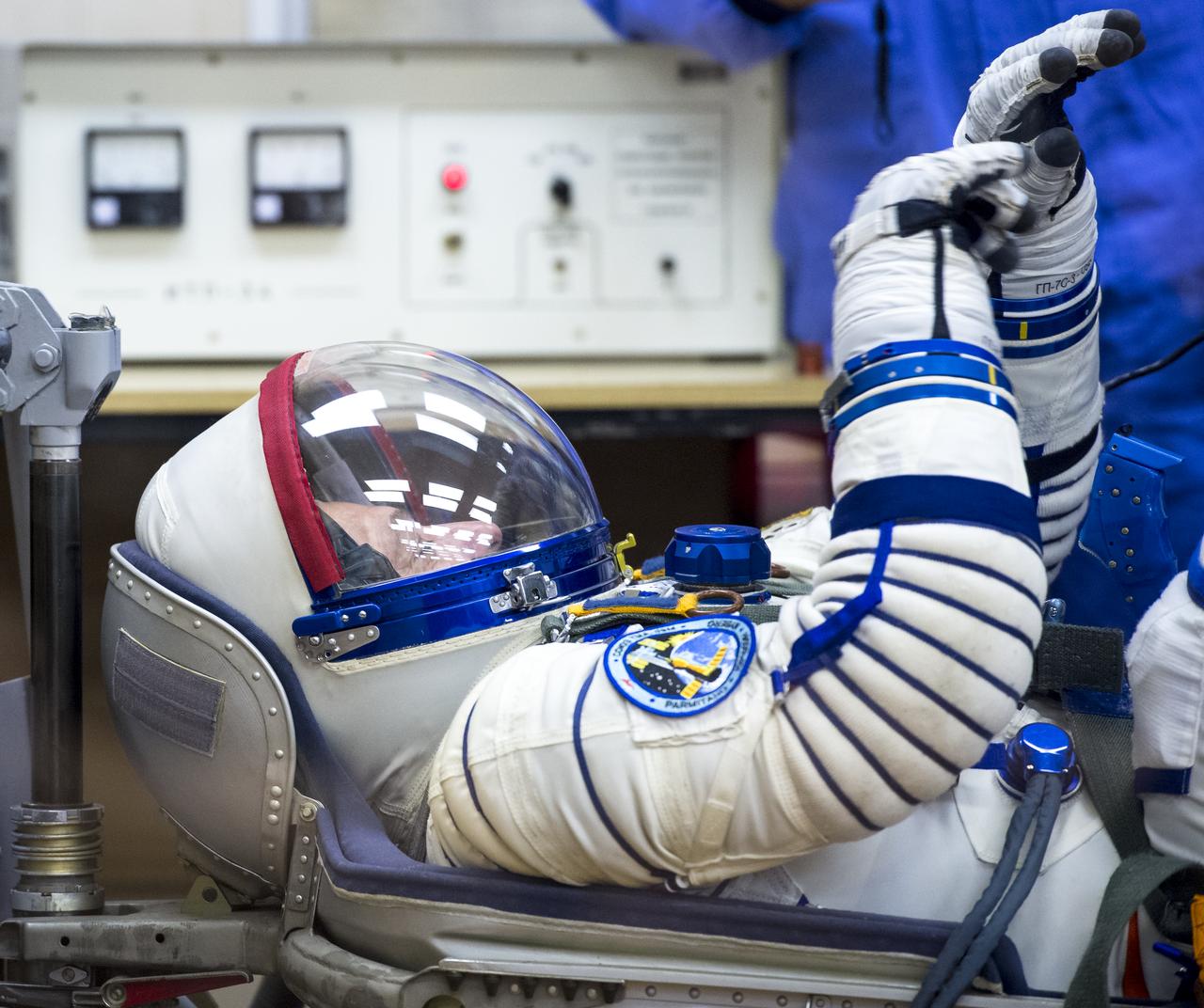 Expedition 36 NASA Soyuz Commander Fyodor Yurchikhin has his Russian Sokol suit pressure checked ahead of his launch onboard a Soyuz TMA-09M spacecraft to the International Space Station, Tuesday, May 28, 2013, at the Baikonur Cosmodrome in Kazakhstan.  Launch of the Soyuz rocket will send Yurchikhin, NASA Flight Engineer Karen Nyberg and European Space Agency Flight Engineer Luca Parmitano on a five and a half-month mission aboard the International Space Station.  Photo Credit: (NASA/Bill Ingalls)