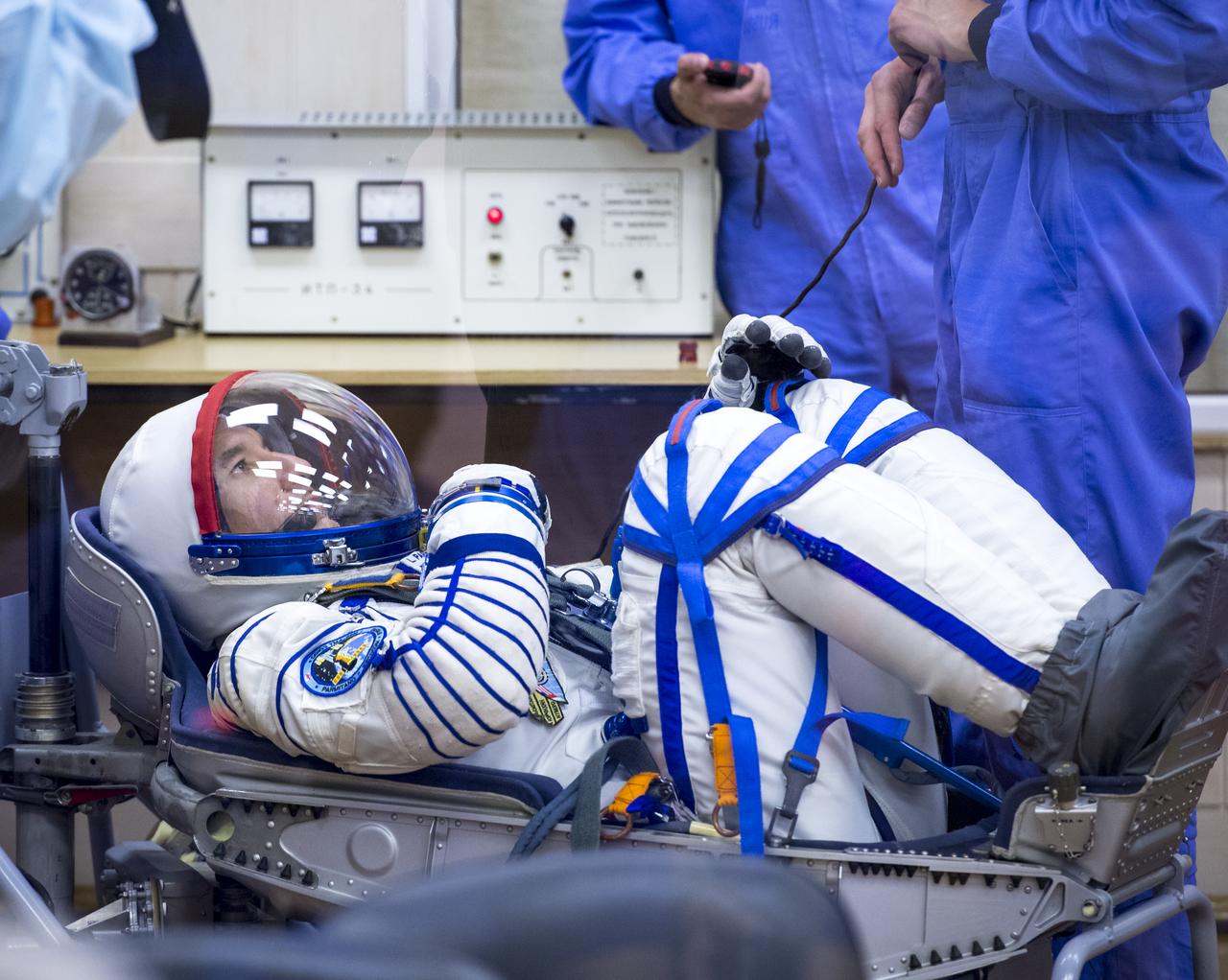 Expedition 36 European Space Agency Flight Engineer Luca Parmitano has his Russian Sokol suit pressure checked ahead of his launch onboard a Soyuz TMA-09M spacecraft to the International Space Station, Tuesday, May 28, 2013, at the Baikonur Cosmodrome in Kazakhstan. Launch of the Soyuz rocket will send Parmitano, Soyuz Commander Fyodor Yurchikhin and NASA Flight Engineer Karen Nyberg on a five and a half-month mission aboard the International Space Station. Photo Credit: (NASA/Bill Ingalls)