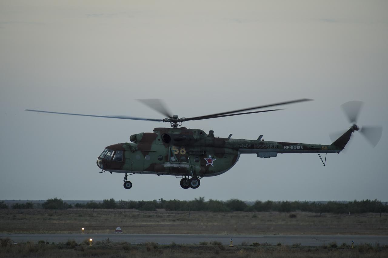 A Russian search and rescue helicopter departs the Zhezkazgan airport in Kazakhstan to support the landing of the Soyuz TMA-08M spacecraft with Expedition 36 Commander Pavel Vinogradov of the Russian Federal Space Agency (Roscosmos), Flight Engineer Alexander Misurkin of Roscosmos and Flight Engineer Chris Cassidy, Wednesday, Sept. 11, 2013. Vinogradov, Misurkin and Cassidy are returning to Earth after five and a half months on the International Space Station. Photo Credit: (NASA/Bill Ingalls)