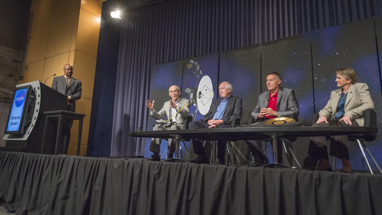 Ed Stone, Voyager project scientist, California Institute of Technology, is seen as he speaks at a news conference on NASA's Voyager 1 spacecraft, Thursday, Sept. 12, 2013 at NASA Headquarters in Washington.  NASA's Voyager 1 spacecraft officially is the first human-made object to venture into interstellar space. The 36-year-old probe is about 12 billion miles (19 billion kilometers) from our sun.  New and unexpected data indicate Voyager 1 has been traveling for about one year through plasma, or ionized gas, present in the space between stars.  A report on the analysis of this new data is published in Thursday's edition of the journal Science.  Photo Credit:  (NASA/Carla Cioffi)