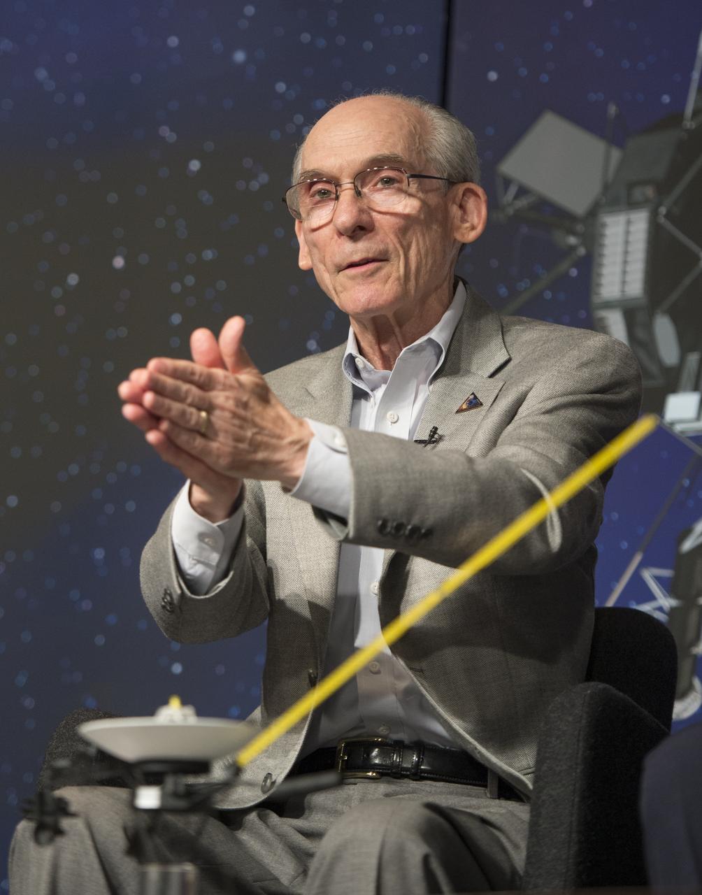 Ed Stone, Voyager project scientist, California Institute of Technology, is seen as he speaks at a news conference on NASA's Voyager 1 spacecraft, Thursday, Sept. 12, 2013 at NASA Headquarters in Washington.  NASA's Voyager 1 spacecraft officially is the first human-made object to venture into interstellar space. The 36-year-old probe is about 12 billion miles (19 billion kilometers) from our sun.  New and unexpected data indicate Voyager 1 has been traveling for about one year through plasma, or ionized gas, present in the space between stars.  A report on the analysis of this new data is published in Thursday's edition of the journal Science.  Photo Credit:  (NASA/Carla Cioffi)