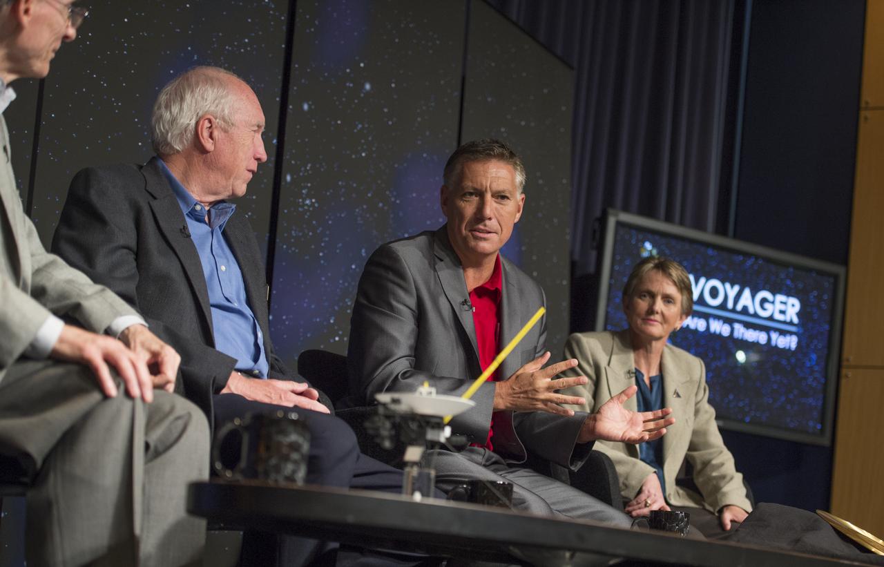 Gary Zank, (second from right) Department of Space Sciences, Center for Space Plasma and Aeronomics Research (CSPAR), University of Alabama in Huntsville, speaks at a news conference on NASA's Voyager 1 spacecraft, Thursday, Sept. 12, 2013 at NASA Headquarters in Washington.  NASA's Voyager 1 spacecraft officially is the first human-made object to venture into interstellar space. The 36-year-old probe is about 12 billion miles (19 billion kilometers) from our sun.  New and unexpected data indicate Voyager 1 has been traveling for about one year through plasma, or ionized gas, present in the space between stars.  A report on the analysis of this new data is published in Thursday's edition of the journal Science.  Photo Credit:  (NASA/Carla Cioffi)