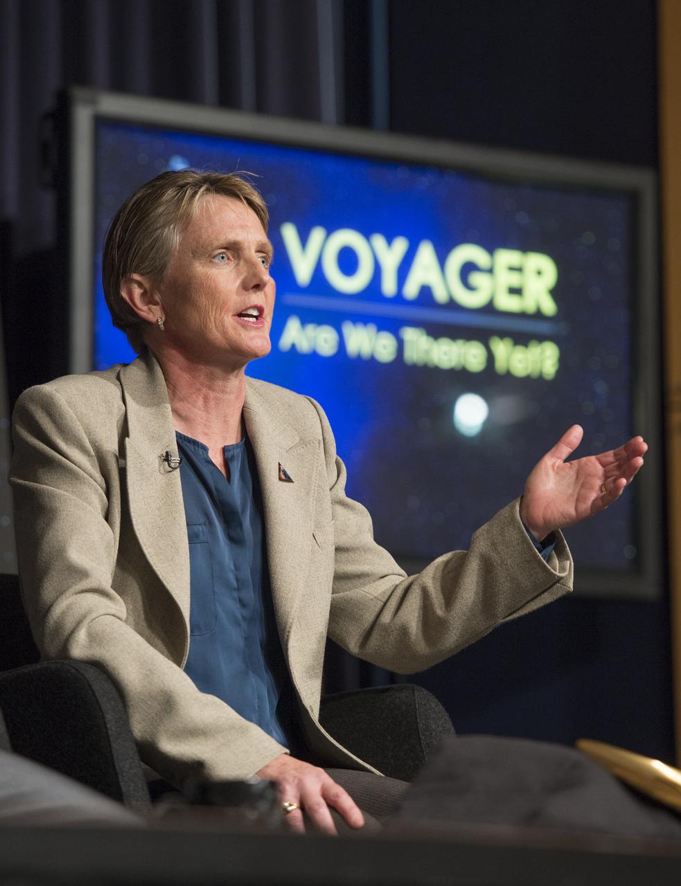 Suzanne Dodd, Voyager project manager, NASA's Jet Propulsion Lab (JPL) speaks at a news conference on NASA's Voyager 1 spacecraft, Thursday, Sept. 12, 2013 at NASA Headquarters in Washington.  NASA's Voyager 1 spacecraft officially is the first human-made object to venture into interstellar space. The 36-year-old probe is about 12 billion miles (19 billion kilometers) from our sun.  New and unexpected data indicate Voyager 1 has been traveling for about one year through plasma, or ionized gas, present in the space between stars.  A report on the analysis of this new data is published in Thursday's edition of the journal Science.  Photo Credit:  (NASA/Carla Cioffi)