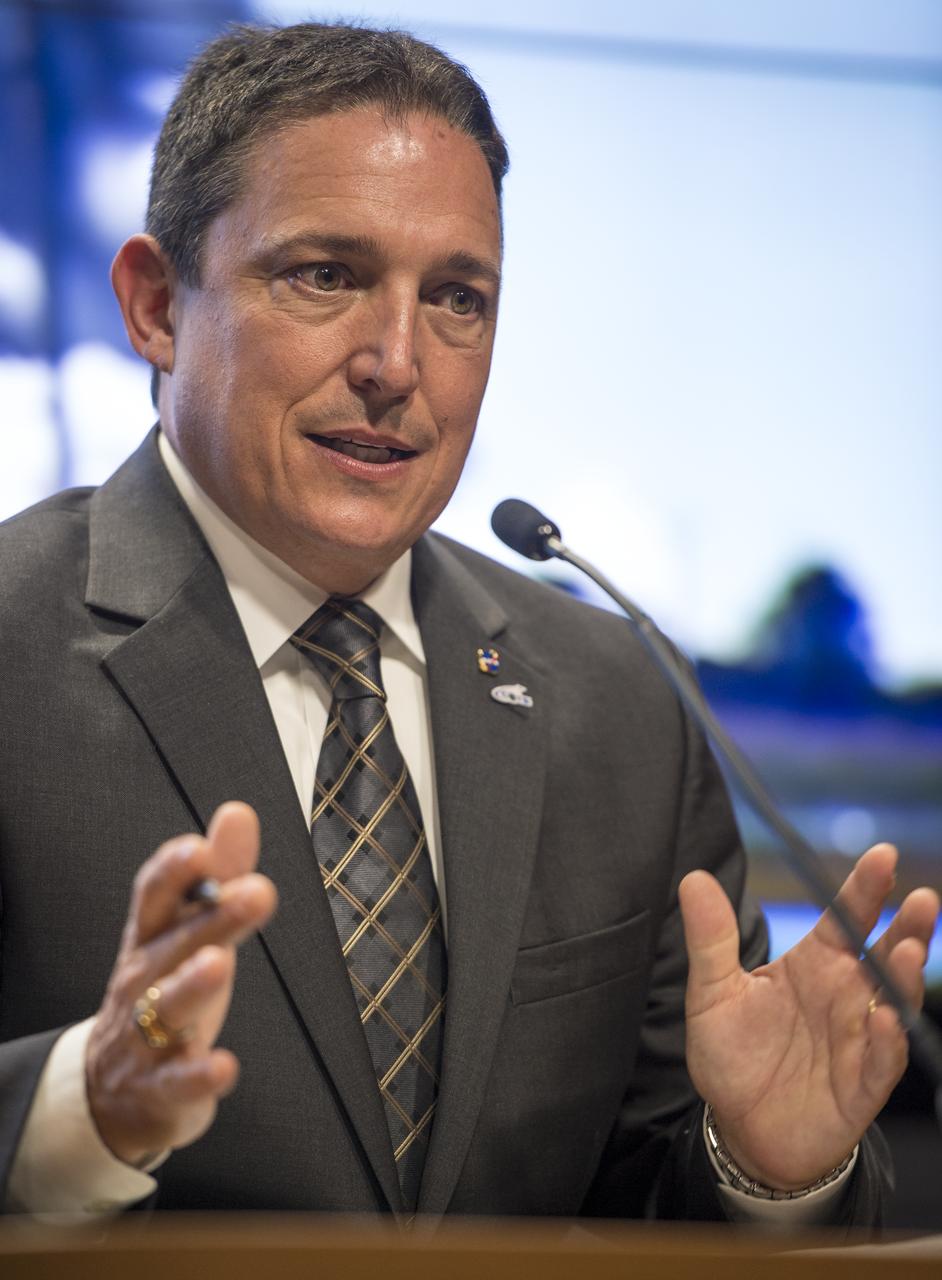 Alan Lindenmoyer, program manager, NASA's Commercial Crew and Cargo Program,  talks during a press conference held after the successful launch of the Orbital Sciences Corporation Antares rocket, with the Cygnus cargo spacecraft aboard, Wednesday, Sept. 18, 2013, NASA Wallops Flight Facility, Virginia. Cygnus is on its way to rendezvous with the space station. The spacecraft will deliver about 1,300 pounds (589 kilograms) of cargo, including food and clothing, to the Expedition 37 crew. Photo Credit: (NASA/Bill Ingalls)