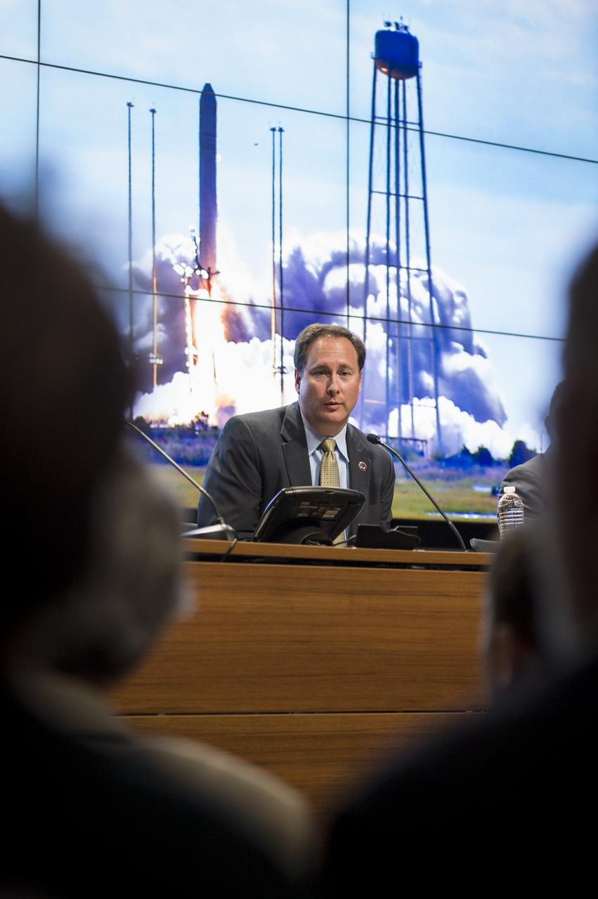 Robert Lightfoot, associate administrator, NASA, talks during a press conference held after the successful launch of the Antares rocket, with the Cygnus cargo spacecraft aboard, Wednesday, Sept. 18, 2013, NASA Wallops Flight Facility, Virginia. Cygnus is on its way to rendezvous with the space station. The spacecraft will deliver about 1,300 pounds (589 kilograms) of cargo, including food and clothing, to the Expedition 37 crew. Photo Credit: (NASA/Bill Ingalls)