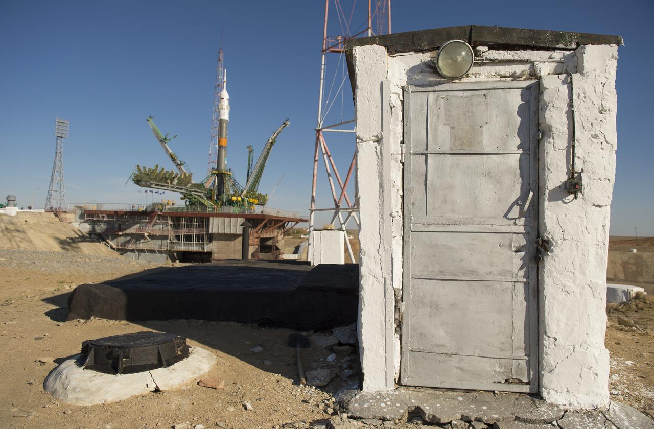 The Soyuz rocket is seen on its launch pad shortly after being lifted into its upright position on Monday, Sept. 23, 2013, at the Baikonur Cosmodrome in Kazakhstan. Launch of the Soyuz rocket is scheduled for September 26 and will send Expedition 37 Soyuz Commander Oleg Kotov, NASA Flight Engineer Michael Hopkins and Russian Flight Engineer Sergei Ryazansky on a five and a half-month mission aboard the International Space Station.  Photo Credit: (NASA/Carla Cioffi)