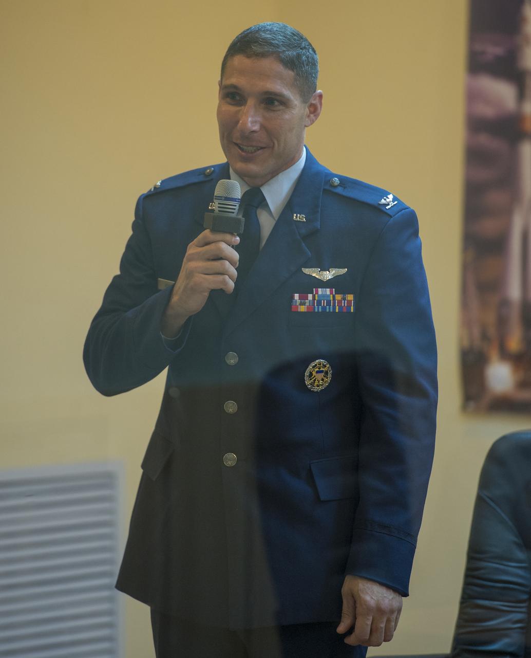 Expedition 37 NASA Flight Engineer Michael Hopkins talks during the State Commission meeting at the Cosmonaut Hotel, Tuesday, Sept. 24, 2013, in Kazakhstan. Launch of the Soyuz rocket is scheduled for September 26 and will send Hopkins, Soyuz Commander Oleg Kotov and Russian Flight Engineer Sergei Ryazansky on a five and a half-month mission aboard the International Space Station.  Photo Credit: (NASA/Carla Cioffi)