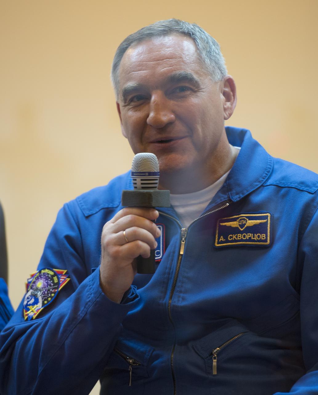 Expedition 37 backup crewmember Alexander Skvortsov anwers  a reporter’s question at a press conference held at the Cosmonaut Hotel, on Tuesday, Sept. 24, 2013, in Baikonur, Kazakhstan. Launch of the Soyuz rocket is scheduled for September 26 and will send Kotov, Hopkins and Ryazansky on a five and a half-month mission aboard the International Space Station.  Photo Credit: (NASA/Carla Cioffi)
