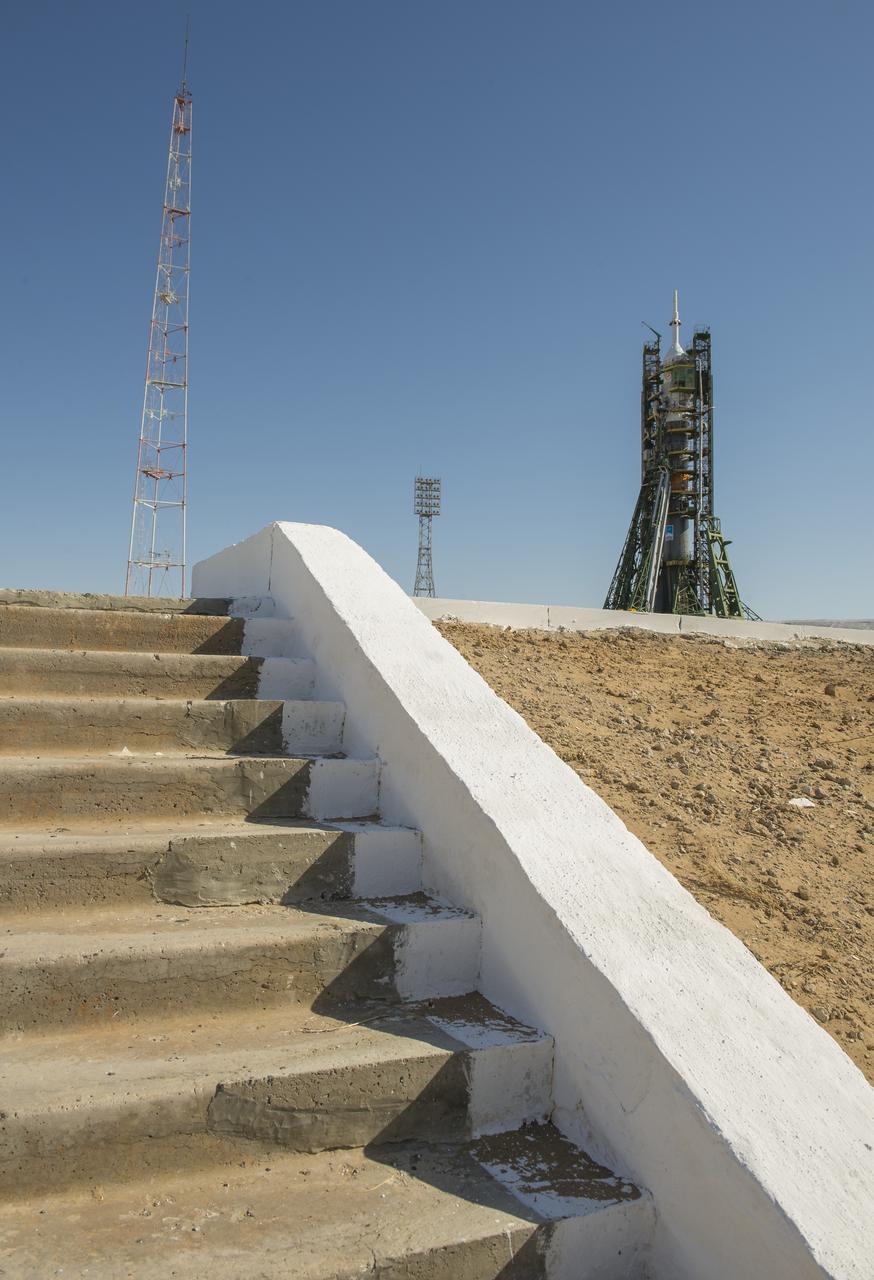 The Soyuz rocket is seen on its launch hours before its scheduled launch to the International Space Station, Wednesday, Sept. 25, 2013, at the Baikonur Cosmodrome in Kazakhstan. Launch of the Soyuz rocket is scheduled for September 26 and will send Expedition 37 Soyuz Commander Oleg Kotov, NASA Flight Engineer Michael Hopkins and Russian Flight Engineer Sergei Ryazansky on a five and a half-month mission aboard the International Space Station. Photo Credit: (NASA/Carla Cioffi)