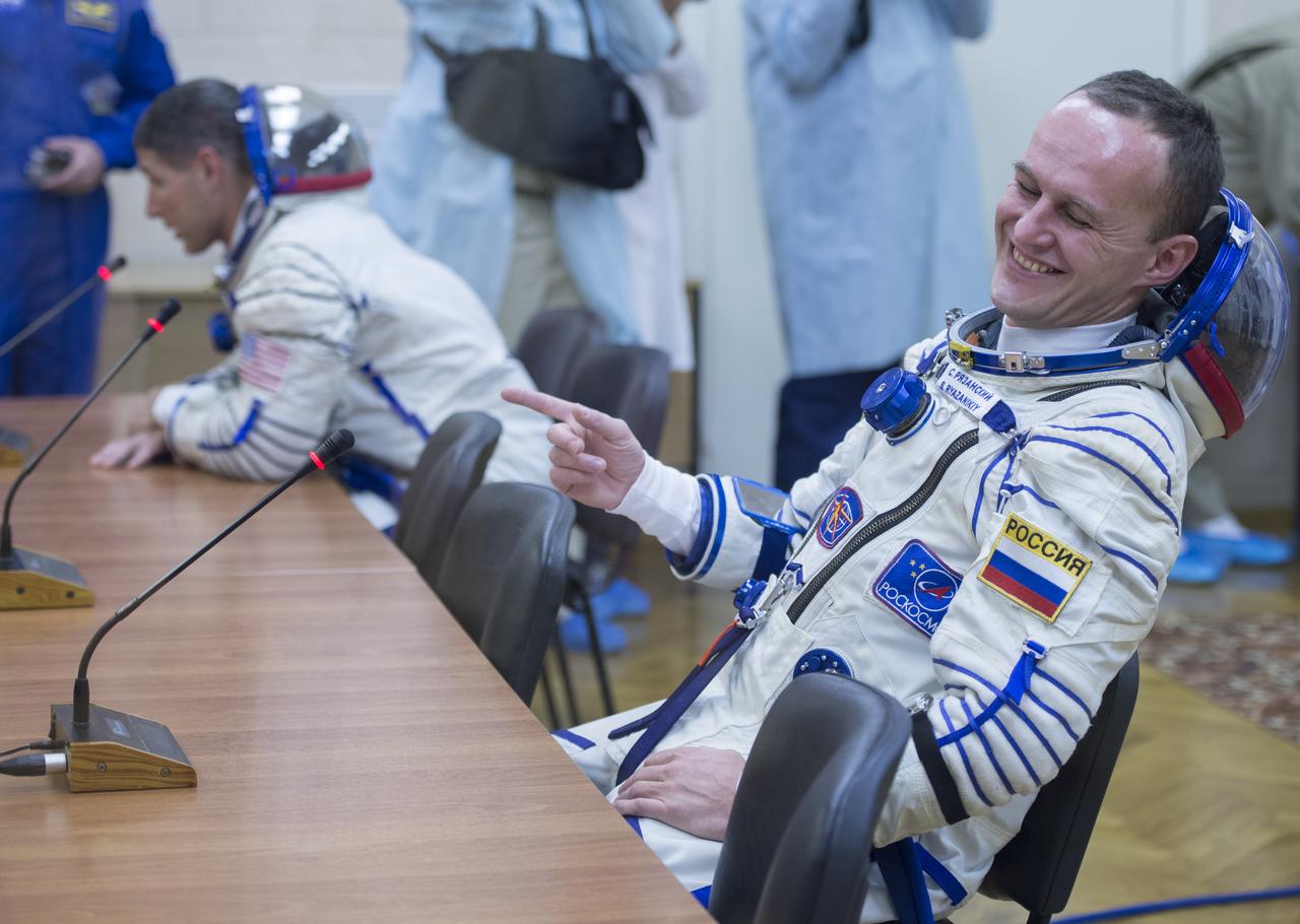 Expedition 37/38 Sergey Ryazanskiy is seen smiling after having his Russian Sokol suit pressure checked ahead of his launch onboard a Soyuz TMA-10M spacecraft to the International Space Station, on Wednesday, Sept. 25, 2013, in Baikonur, Kazakhstan. Launch of the Soyuz rocket will send the Expedition 37/38 crewmates on a five-month mission aboard the International Space Station.  Photo Credit: (NASA/Carla Cioffi)