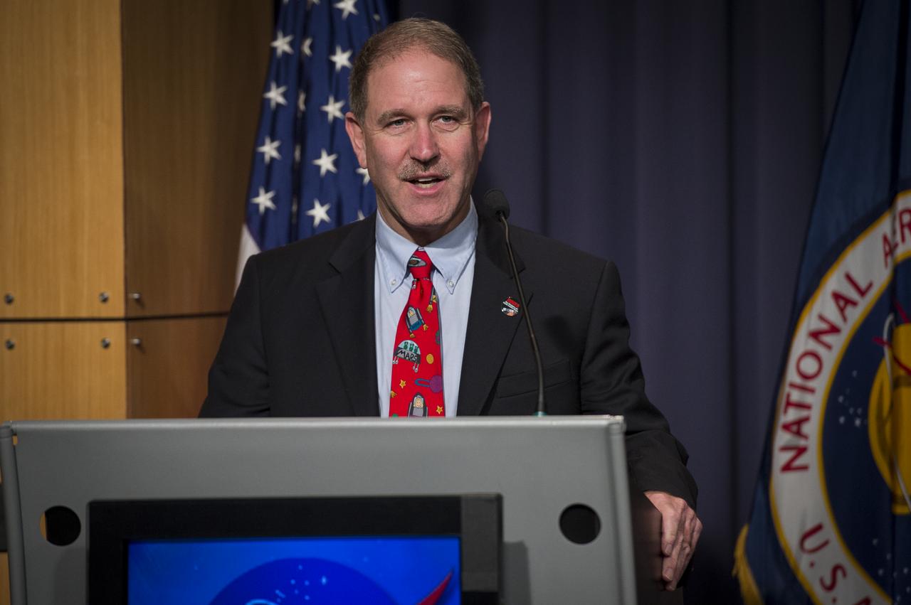 John Grunsfeld, associate administrator for the Science Mission Directorate, NASA Headquarters, Washington, discusses the upcoming launch of the Mars Atmosphere and Volatile Evolution (MAVEN) mission, at a press conference at NASA Headquarters in Washington on Monday, Oct. 28th, 2013. MAVEN is the agency's next mission to Mars and the first devoted to understanding the upper atmosphere of the Red Planet. (Photo credit: NASA/Jay Westcott)