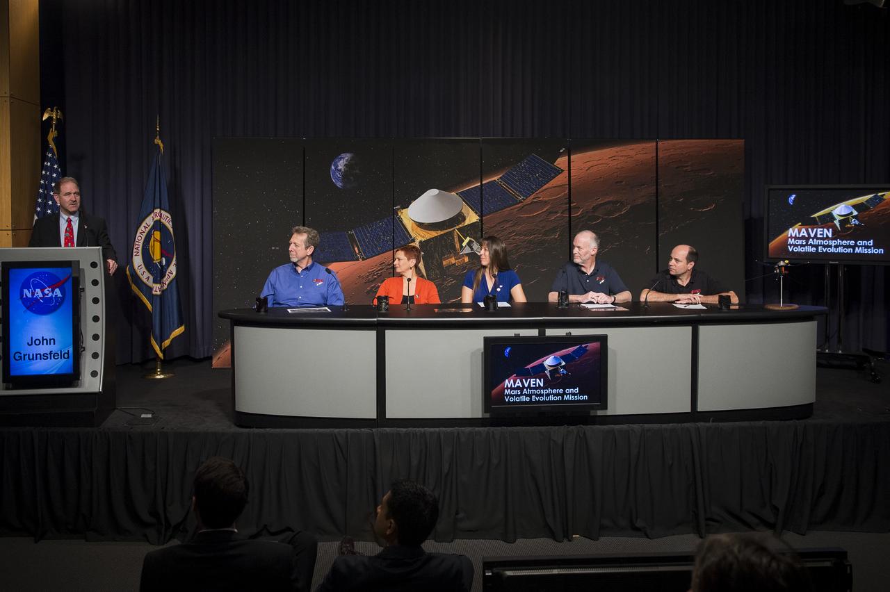 John Grunsfeld, associate administrator for the Science Mission Directorate, NASA Headquarters, Washington, introduces a panel to discuss the upcoming launch of the Mars Atmosphere and Volatile Evolution (MAVEN) mission, at a press conference at NASA Headquarters in Washington on Monday, Oct. 28th, 2013. MAVEN is the agency's next mission to Mars and the first devoted to understanding the upper atmosphere of the Red Planet. (Photo credit: NASA/Jay Westcott)