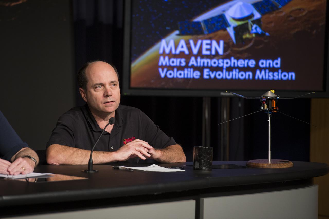 David Mitchell, MAVEN project manager, NASA's Goddard Space Flight Center, discusses the upcoming launch of the Mars Atmosphere and Volatile Evolution (MAVEN) mission, at a press conference at NASA Headquarters in Washington on Monday, Oct. 28th, 2013. MAVEN is the agency's next mission to Mars and the first devoted to understanding the upper atmosphere of the Red Planet. (Photo credit: NASA/Jay Westcott)