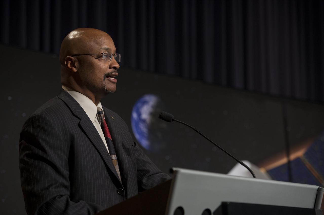 Dwayne Brown, NASA Public Affairs Officer, takes a question from a member of the press on theupcoming launch of the Mars Atmosphere and Volatile Evolution (MAVEN) mission, at a press conference at NASA Headquarters in Washington on Monday, Oct. 28th, 2013. MAVEN is the agency's next mission to Mars and the first devoted to understanding the upper atmosphere of the Red Planet. (Photo credit: NASA/Jay Westcott)
