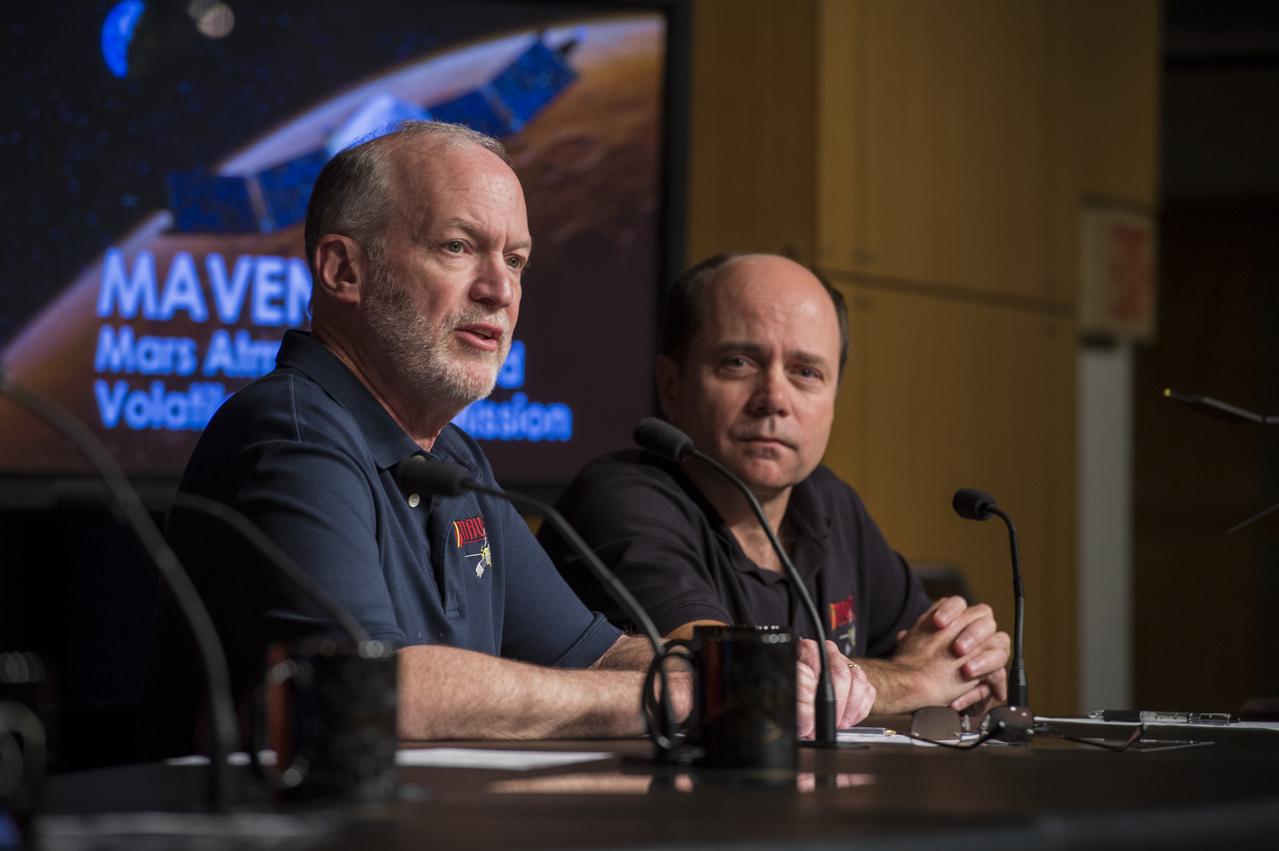 Bruce Jakosky, MAVEN principal investigator, University of Colorado Boulder Laboratory for Atmospheric and Space Physics,  discusses the upcoming launch of the Mars Atmosphere and Volatile Evolution (MAVEN) mission, at a press conference at NASA Headquarters in Washington on Monday, Oct. 28th, 2013. MAVEN is the agency's next mission to Mars and the first devoted to understanding the upper atmosphere of the Red Planet. (Photo credit: NASA/Jay Westcott)