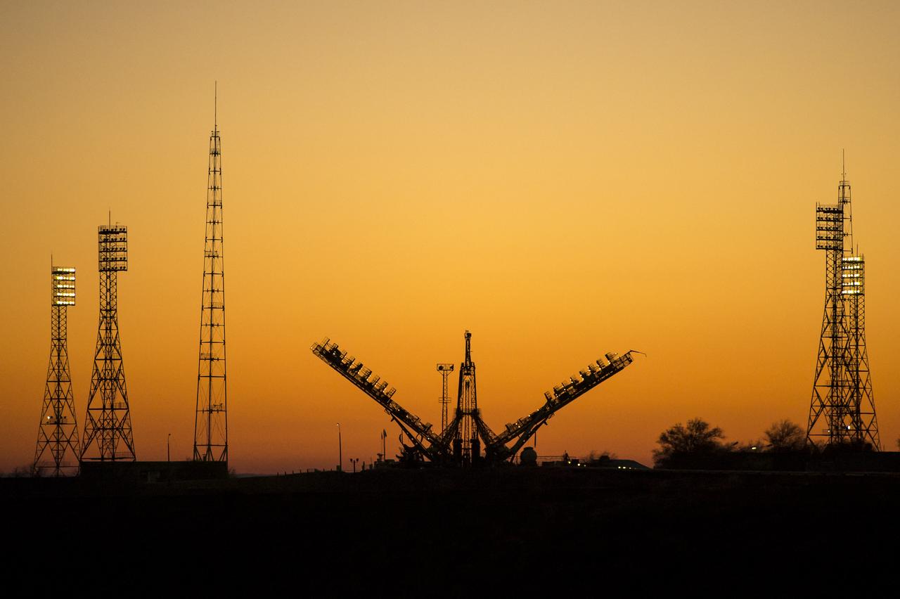 The Soyuz Launch Pad is seen in the early morning prior to the Soyuz TMA-11M rocket being rolled out to the launch pad by train on Tuesday, Nov. 5, 2013, at the Baikonur Cosmodrome in Kazakhstan. Launch of the Soyuz rocket is scheduled for November 7 and will send Expedition 38 Soyuz Commander Mikhail Tyurin of Roscosmos, Flight Engineer Rick Mastracchio of NASA and Flight Engineer Koichi Wakata of the Japan Aerospace Exploration Agency on a six-month mission aboard the International Space Station. Photo Credit: (NASA/Bill Ingalls)