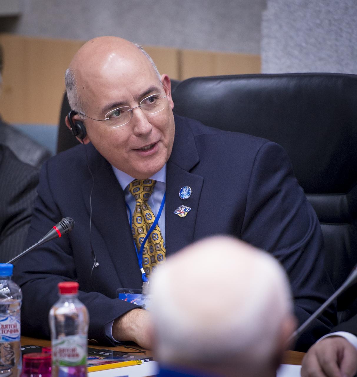 NASA Space Station Program Office Manager Michael T. Suffredini, talks during the State Commission meeting to approve the Soyuz rocket launch of Expedition 38 Soyuz Commander Mikhail Tyurin of Roscosmos, Flight Engineer Koichi Wakata of the Japan Aerospace Exploration Agency, and, Flight Engineer Rick Mastracchio of NASA for a six month mission aboard the International Space Station, Wednesday, Nov. 6, 2013 at the Cosmonaut Hotel in Baikonur, Kazakhstan. Photo Credit: (NASA/Bill Ingalls)