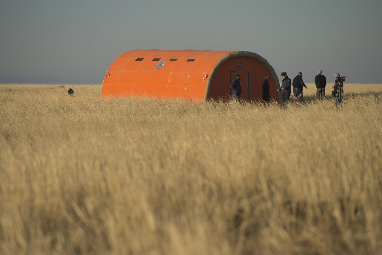 The inflatable medical tent is seen in a remote area outside the town of Zhezkazgan, Kazakhstan, on Monday, Nov. 11, 2013. Expedition 37 Commander Fyodor Yurchikhin of Roscosmos, Flight Engineers Karen Nyberg of NASA and Luca Parmitano of Italy returned to earth after five and a half months on the International Space Station. Photo Credit: (NASA/Carla Cioffi)