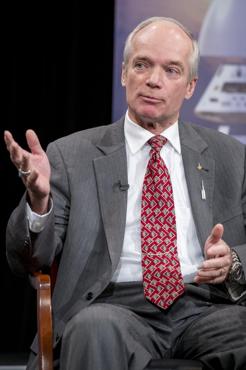 Charlie Precourt, Vice President and General Manager, ATK Space Launch Division, gestures while speaking at a panel discussion on deep space exploration using the Space Launch System and Orion spacecraft at the Newseum in Washington on Tuesday, November 12, 2013. Photo Credit: (NASA/Jay Westcott)