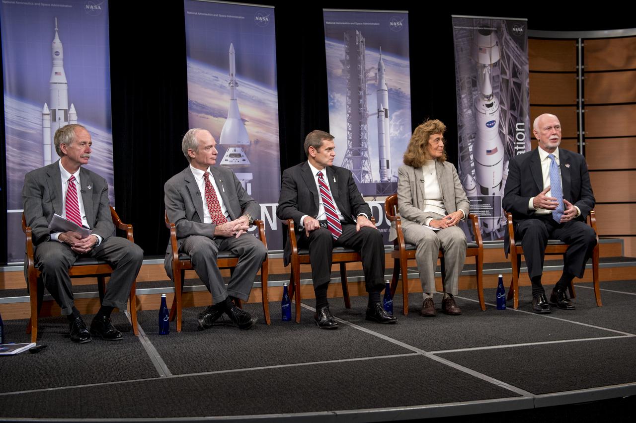 L-R: William Gerstenmaier, NASA Associate Administrator for human exploration and operations; Charlie Precourt, Vice President and General Manager, ATK Space Launch Division; John Elbon, Vice President and General Manager, Boeing Space Exploration; Julie Van Kleek, Vice President, space programs, Aerojet Rocketdyne; and Jim Crocker, Vice President and General Manager, civil space, Lockheed Martin Space Systems, participate in a panel discussion on deep space exploration using the Space Launch System and Orion spacecraft at the Newseum in Washington on Tuesday, November 12, 2013. Photo Credit: (NASA/Jay Westcott)