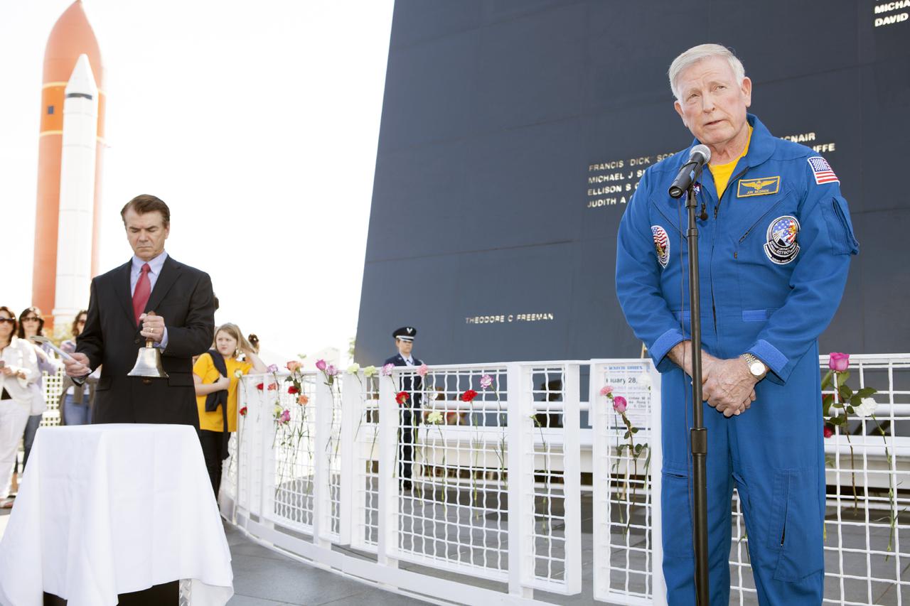 CAPE CANAVERAL, Fla. – Flowers are placed at the Astronauts Memorial Foundation's Space Mirror Memorial at NASA's Kennedy Space Center Visitor Complex on the 28th anniversary of the space shuttle Challenger accident.  The day of the accident in 1986 dawned bitterly cold. Temperatures hovered just a few degrees above freezing as Challenger and its seven astronauts lifted off on the STS-51L mission. The flight ended just 73 seconds later when an O-ring in the right solid rocket booster failed, causing a fireball that led to the loss of the vehicle and crew: Commander Francis Scobee, Pilot Michael Smith, Mission Specialists Judith Resnik, Ellison Onizuka and Ronald McNair, and Payload Specialists Gregory Jarvis and Sharon Christa McAuliffe, a teacher. To learn more about the Space Shuttle Program, visit http:__www.nasa.gov_mission_pages_shuttle_main_index.html. To read the astronauts' NASA biographies, visit http:__www.jsc.nasa.gov_Bios_astrobio_former.html.  For information about the AMF, visit http:__www.astronautsmemorial.org_home.html. Photo credit: NASA_Dimitri Gerondidakis
