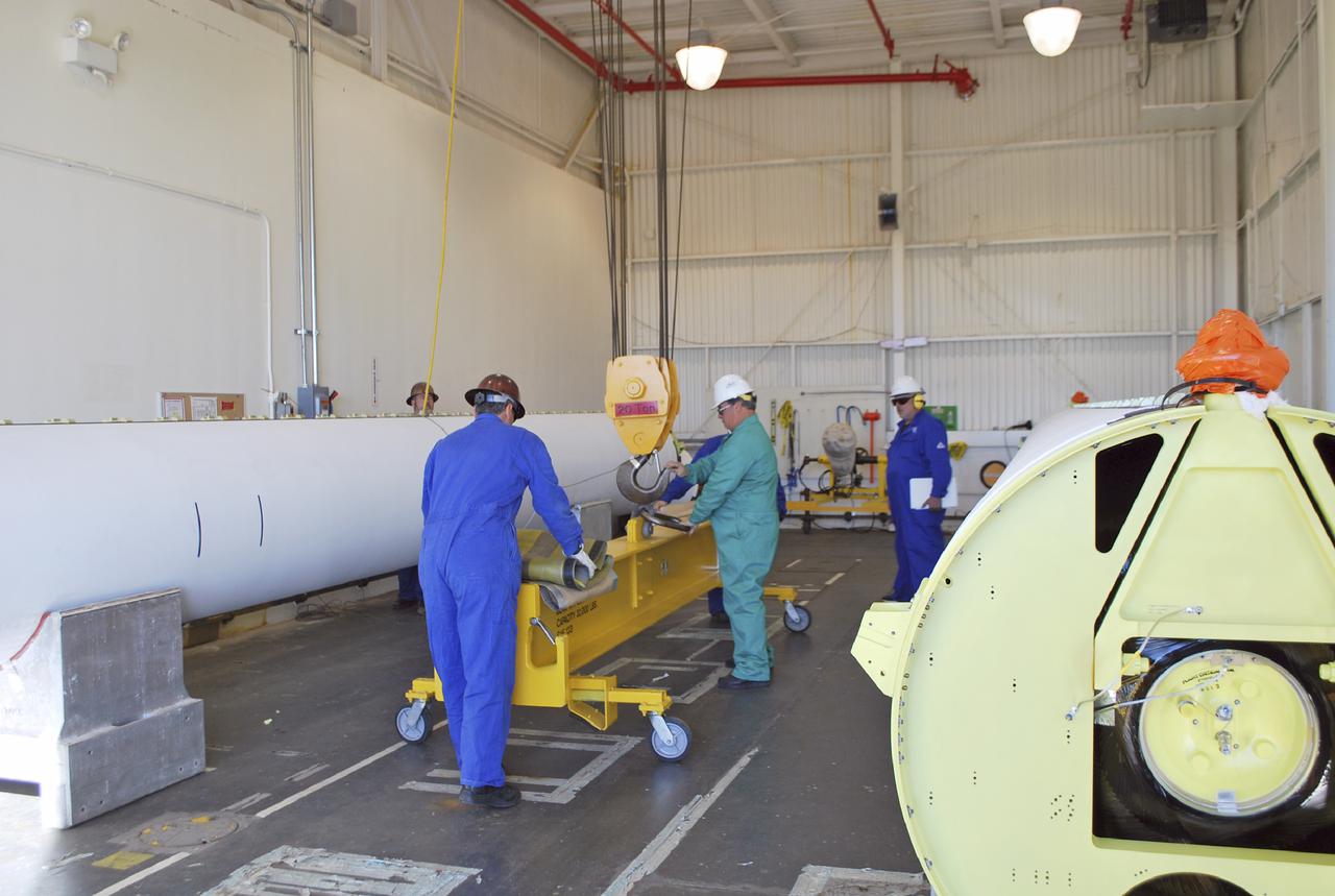 VANDENBERG AIR FORCE BASE, Calif. – At Vandenberg Air Force Base in California, a solid rocket motor, or SRM, for NASA's Orbiting Carbon Observatory-2, the OCO-2 mission, rests on a storage chock where it will be kept until needed. The SRMs will be attached to a United Launch Alliance Delta II rocket slated to launch the OCO-2 spacecraft from Space Launch Complex 2 in July. OCO-2 will collect precise global measurements of carbon dioxide in the Earth's atmosphere and provide scientists with a better idea of the chemical compound's impacts on climate change. Scientists will analyze this data to improve our understanding of the natural processes and human activities that regulate the abundance and distribution of this important atmospheric gas. Photo credit: NASA_Randy Beaudoin