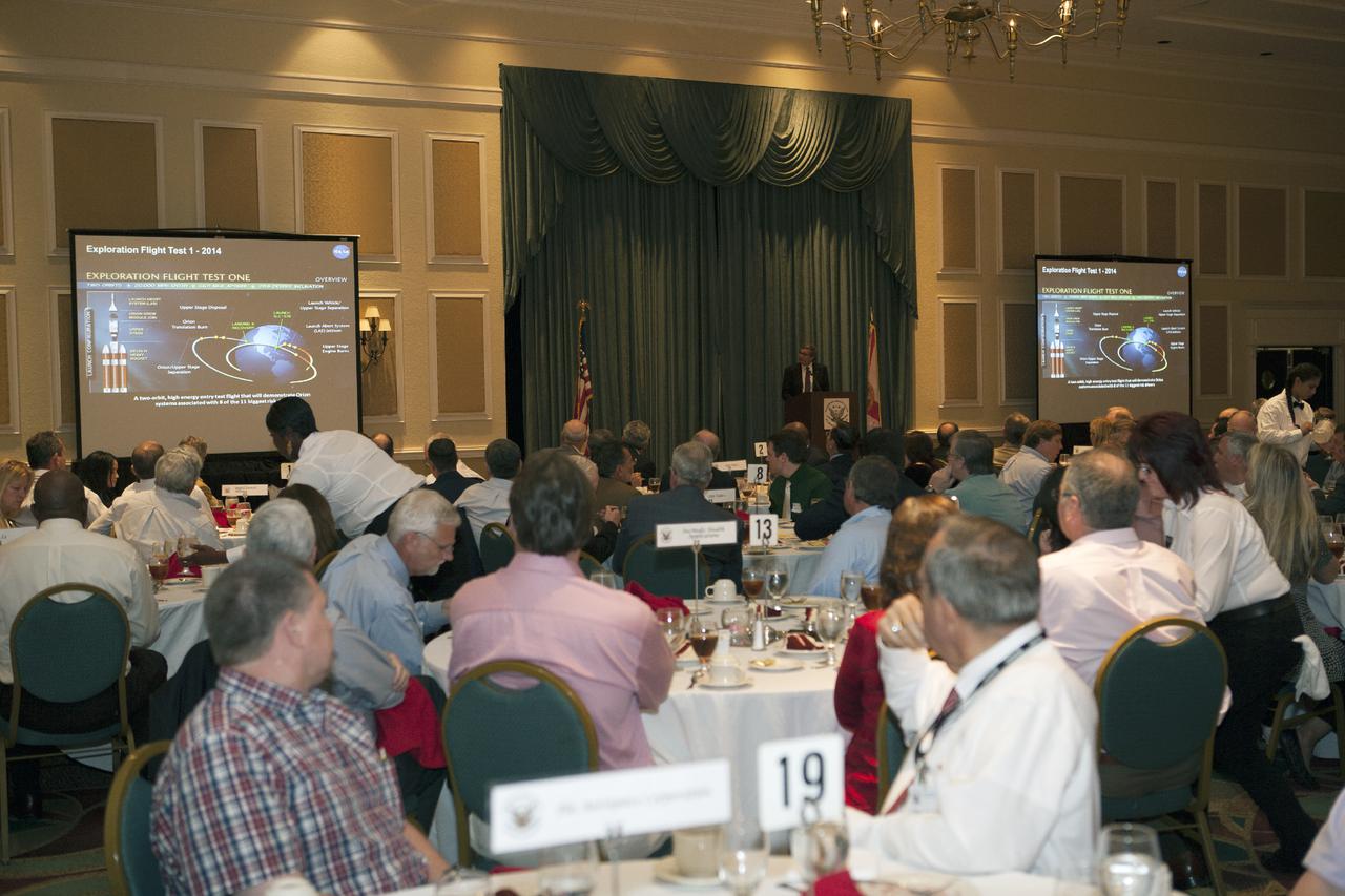 CAPE CANAVERAL, Fla. – Larry Price, deputy manager of the Orion Program for the Lockheed Martin Space Systems Company, speaks to the National Space Club-Florida Chapter members and guests at the Radisson Resort at the Port in Cape Canaveral, Fla. Price’s presentation included an overview of Orion processing, testing and preparations for Exploration Flight Test 1. Orion is the exploration spacecraft designed to carry astronauts to destinations not yet explored by humans. It will have emergency abort capability, sustain the crew during space travel and provide safe re-entry from deep space return velocities. The first unpiloted test flight of Orion is scheduled to launch in 2014 atop a Delta IV Heavy rocket and in 2017 on NASA’s Space Launch System rocket. For more information, visit www.nasa.gov_orion. Photo credit: Kim Shiflett
