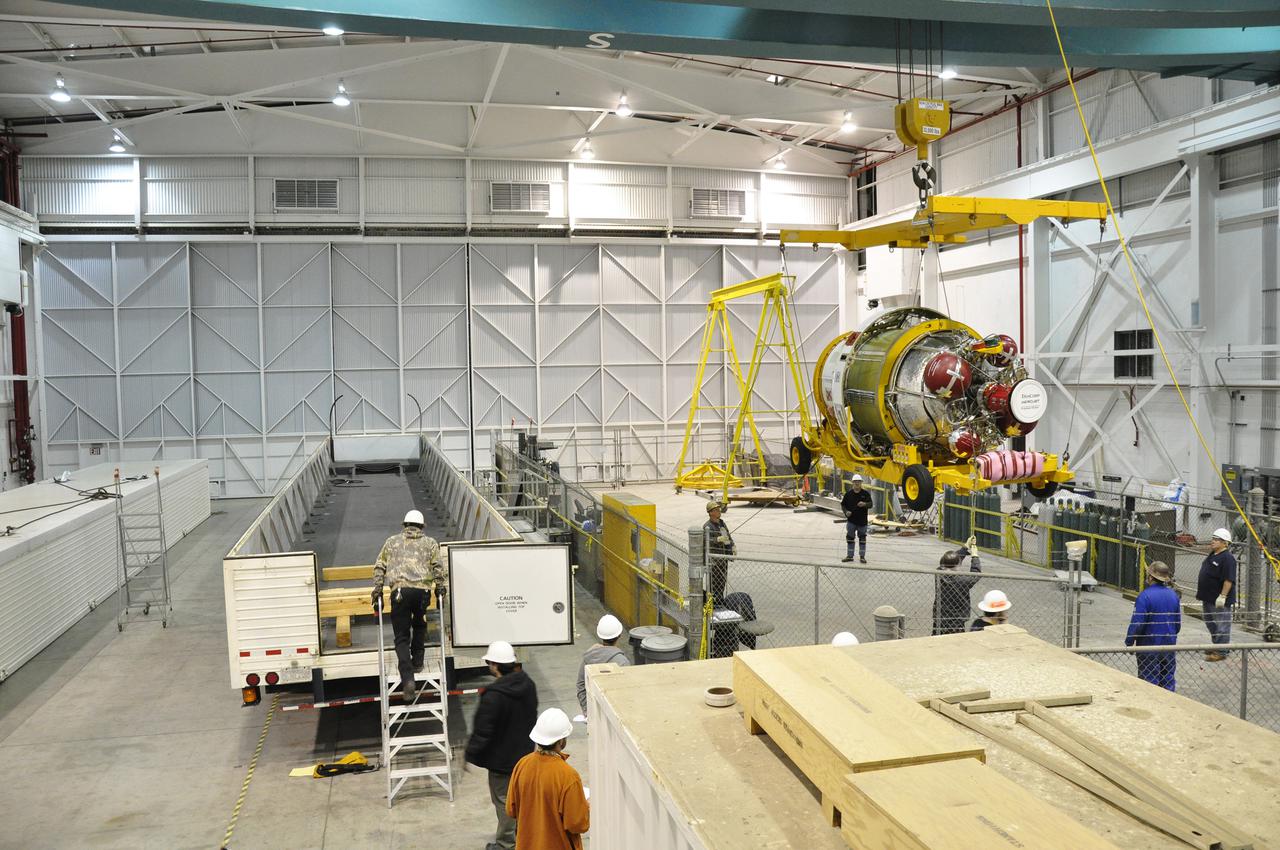 VANDENBERG AIR FORCE BASE, Calif. – The second stage for NASA's Orbiting Carbon Observatory-2 mission, or OCO-2, is suspended from the ceiling of the high bay of the Building 836 hangar on Vandenberg Air Force Base in California following its removal from the transportation trailer in which it arrived.   OCO-2 is scheduled to launch aboard a United Launch Alliance Delta II rocket from Space Launch Complex 2 in July. The rocket's second stage will insert OCO-2 into a polar Earth orbit.  OCO-2 will collect precise global measurements of carbon dioxide in the Earth's atmosphere and provide scientists with a better idea of the chemical compound's impacts on climate change. Scientists will analyze this data to improve our understanding of the natural processes and human activities that regulate the abundance and distribution of this important atmospheric gas. To learn more about OCO-2, visit http:__oco.jpl.nasa.gov. Photo credit: NASA_Randy Beaudoin