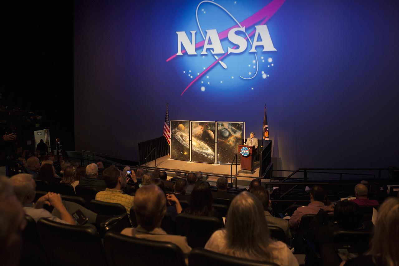 CAPE CANAVERAL, Fla. – NASA Kennedy Space Center civil service and contractor employees and their families fill the IMAX theater at the Kennedy Space Center Visitor Complex in Florida for the 2013 KSC Honor Awards Ceremony. Kennedy Director Robert Cabana, at the podium, prepares to announce the award recipients.   Kennedy conducts its Annual Honor Awards Ceremony each spring. During the ceremony, the center's director and deputy director present deserving employees with various awards in the form of medals and certificates. The ceremony is open to all employees and broadcast to employees who are unable to attend. For more information about NASA's Kennedy Space Center, visit http:__www.nasa.gov_kennedy.  Photo credit: NASA_Kim Shiflett
