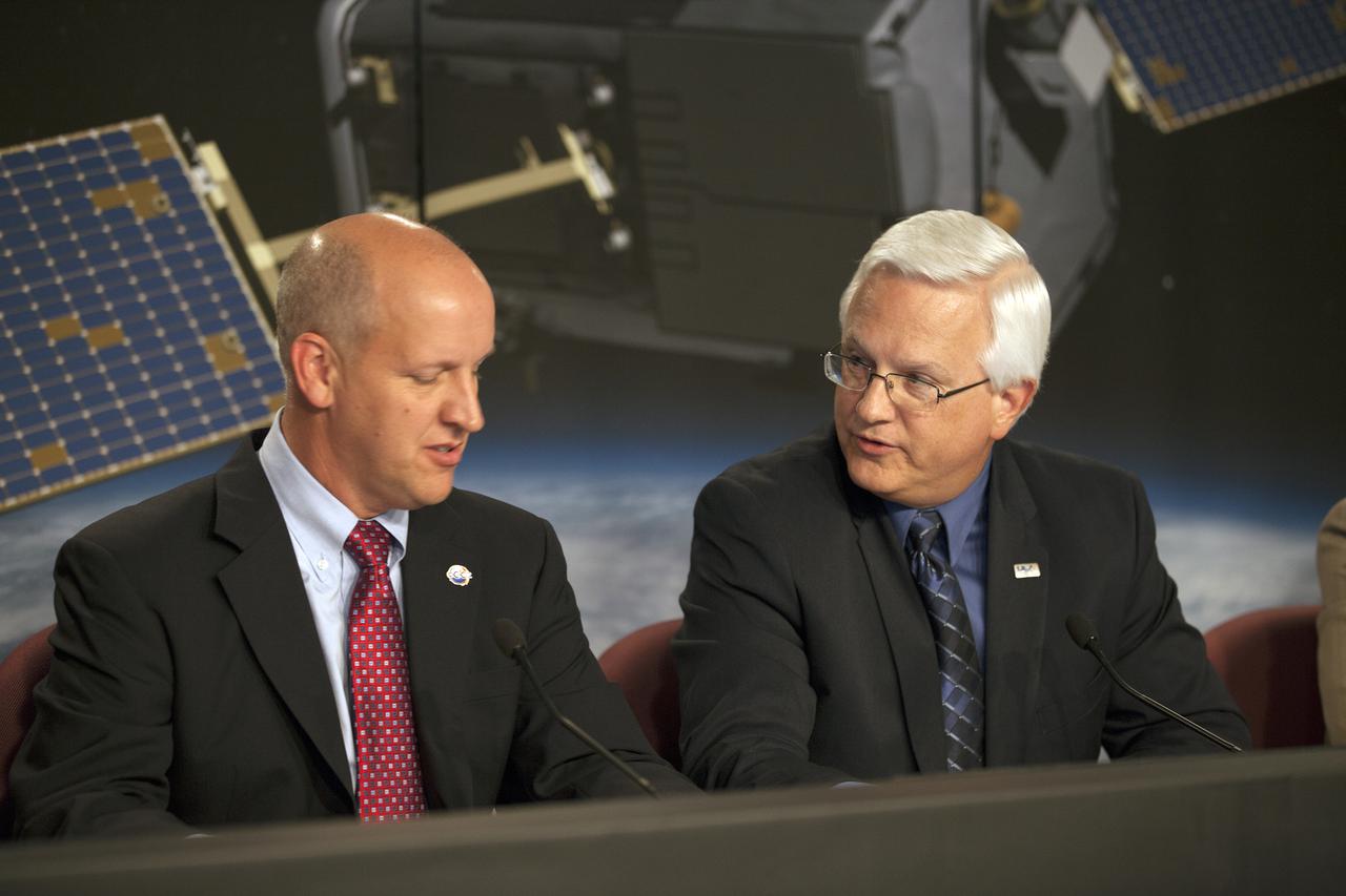 VANDENBERG AIR FORCE BASE, Calif. – Tim Dunn, left, launch manager for NASA's Launch Services Program, and Vernon Thorp, United Launch Alliance program manager for NASA Missions, participate in a prelaunch news conference at Vandenberg Air Force Base in California prior to the launch of NASA's Orbiting Carbon Observatory-2, or OCO-2.   Launch aboard a United Launch Alliance Delta II rocket from Space Launch Complex 2 is scheduled for 5:56 a.m. EDT on July 1.  OCO-2 is NASA’s first mission dedicated to studying atmospheric carbon dioxide, the leading human-produced greenhouse gas driving changes in Earth’s climate. OCO-2 will provide a new tool for understanding the human and natural sources of carbon dioxide emissions and the natural 'sinks' that absorb carbon dioxide and help control its buildup. The observatory will measure the global geographic distribution of these sources and sinks and study their changes over time. To learn more about OCO-2, visit http:__www.nasa.gov_oco2.  Photo credit: NASA_Kim Shiflett