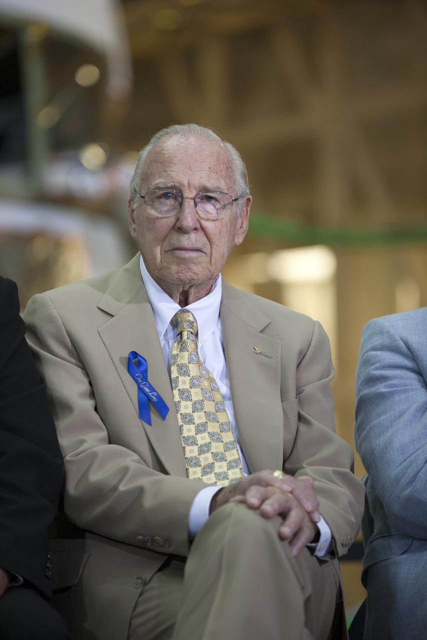 CAPE CANAVERAL, Fla. -- At the Kennedy Space Center in Florida, Apollo astronaut Jim Lovell participates in a ceremony renaming the refurbished Operations and Checkout Building for Apollo 11 astronaut Neil Armstrong, the first person to set foot on the moon. Lovell served on the crews of Apollo 8 and Apollo 13. The building's high bay is being used to support the agency's new Orion spacecraft and is the same spaceport facility where the Apollo 11 command_service module and lunar module were prepped for the first lunar landing mission in 1969. Orion is designed to take humans farther than they’ve ever gone before, serving as the exploration vehicle that will carry astronauts to deep space and sustain the crew during travel to destinations such as an asteroid or Mars.  The ceremony was part of NASA's 45th anniversary celebration of the Apollo 11 moon landing. As the world watched, Neil Armstrong and Buzz Aldrin landed in the moon's Sea of Tranquility on July 20, 1969, aboard the lunar module Eagle. Meanwhile, crewmate Michael Collins orbited above in the command module Columbia. For more, visit http:__www.nasa.gov_press_2014_july_nasa-honors-historic-first-moon-landing-eyes-first-mars-mission. Photo credit: NASA_Kim Shiflett