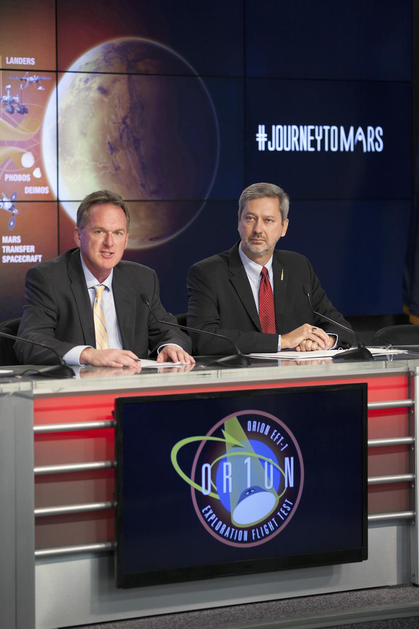 CAPE CANAVERAL, Fla. – At NASA's Kennedy Space Center in Florida, Mike Bolger, program manager of Ground Systems Development and Operations Program, and Chris Crumbly, manager of Space Launch System Spacecraft_Payload Integration and Evolution, were among several agency leaders who spoke to members of the news media about how the first fight of the new Orion spacecraft is a first step in NASA's plans to send humans to Mars.   Orion is the exploration spacecraft designed to carry astronauts to destinations not yet explored by humans, including an asteroid and Mars. It will have emergency abort capability, sustain the crew during space travel and provide safe re-entry from deep space return velocities. The first unpiloted flight test of Orion is scheduled to launch Dec. 4, 2014 atop a United Launch Alliance Delta IV Heavy rocket, and in 2018 on NASA’s Space Launch System rocket. For more information, visit www.nasa.gov_orion Photo credit: NASA_Kim Shiflett