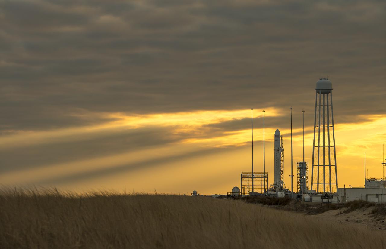 An Orbital Sciences Corporation Antares rocket is seen on launch Pad-0A at NASA's Wallops Flight Facility, Monday, January 6, 2014 in advance of a planned Wednesday, Jan. 8th, 1:32 p.m. EST launch, Wallops Island, VA. The Antares will launch a Cygnus spacecraft on a cargo resupply mission to the International Space Station. The Orbital-1 mission is Orbital Sciences' first contracted cargo delivery flight to the space station for NASA. Among the cargo aboard Cygnus set to launch to the space station are science experiments, crew provisions, spare parts and other hardware. Photo Credit: (NASA/Bill Ingalls)