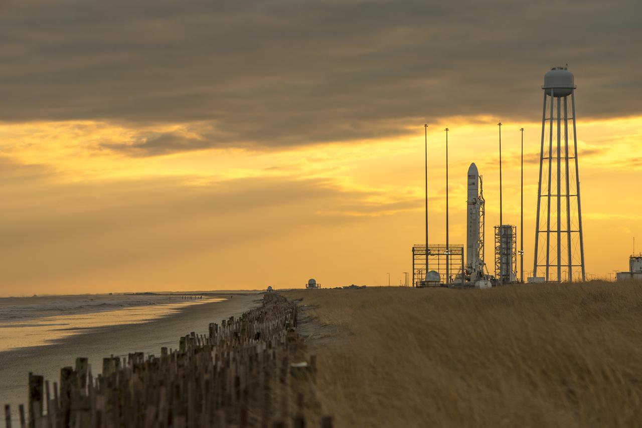An Orbital Sciences Corporation Antares rocket is seen on launch Pad-0A at NASA's Wallops Flight Facility, Monday, January 6, 2014 in advance of a planned Wednesday, Jan. 8th, 1:32 p.m. EST launch, Wallops Island, VA. The Antares will launch a Cygnus spacecraft on a cargo resupply mission to the International Space Station. The Orbital-1 mission is Orbital Sciences' first contracted cargo delivery flight to the space station for NASA. Among the cargo aboard Cygnus set to launch to the space station are science experiments, crew provisions, spare parts and other hardware. Photo Credit: (NASA/Bill Ingalls)
