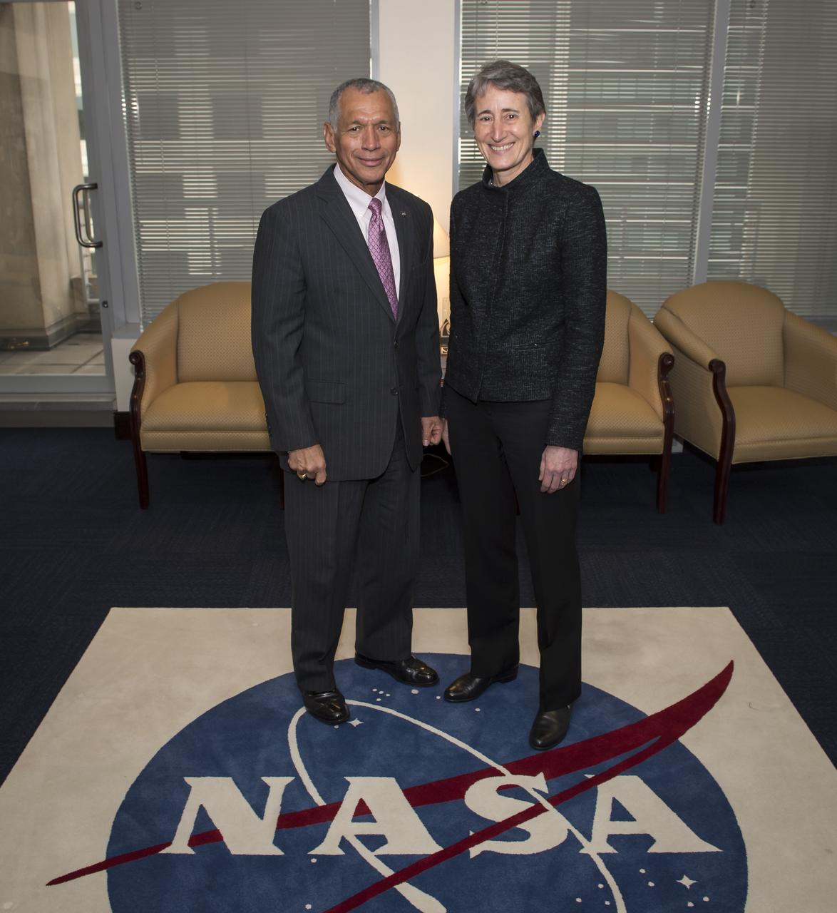 NASA Administrator Charles Bolden, left, welcomes Secretary of the Interior Sally Jewell to NASA Headquarters to discuss continued partnerships between NASA and the Department of the Interior, Wednesday, Jan. 15, 2014 in Washington.  Photo Credit: (NASA/Bill Ingalls)