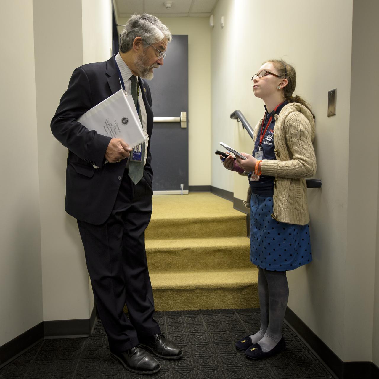 Dr. John P. Holdren, Assistant to the President for Science and Technology and Director of the White House Office of Science & Technology Policy, left, is interviewed by TIME for Kids reporter Grace Clark ahead of the annual White House State of Science, Technology, Engineering, and Math (SoSTEM) address, Wednesday, Jan. 29, 2014, in the South Court Auditorium in the Eisenhower Executive Office Building on the White House complex in Washington. Photo Credit: (NASA/Bill Ingalls)