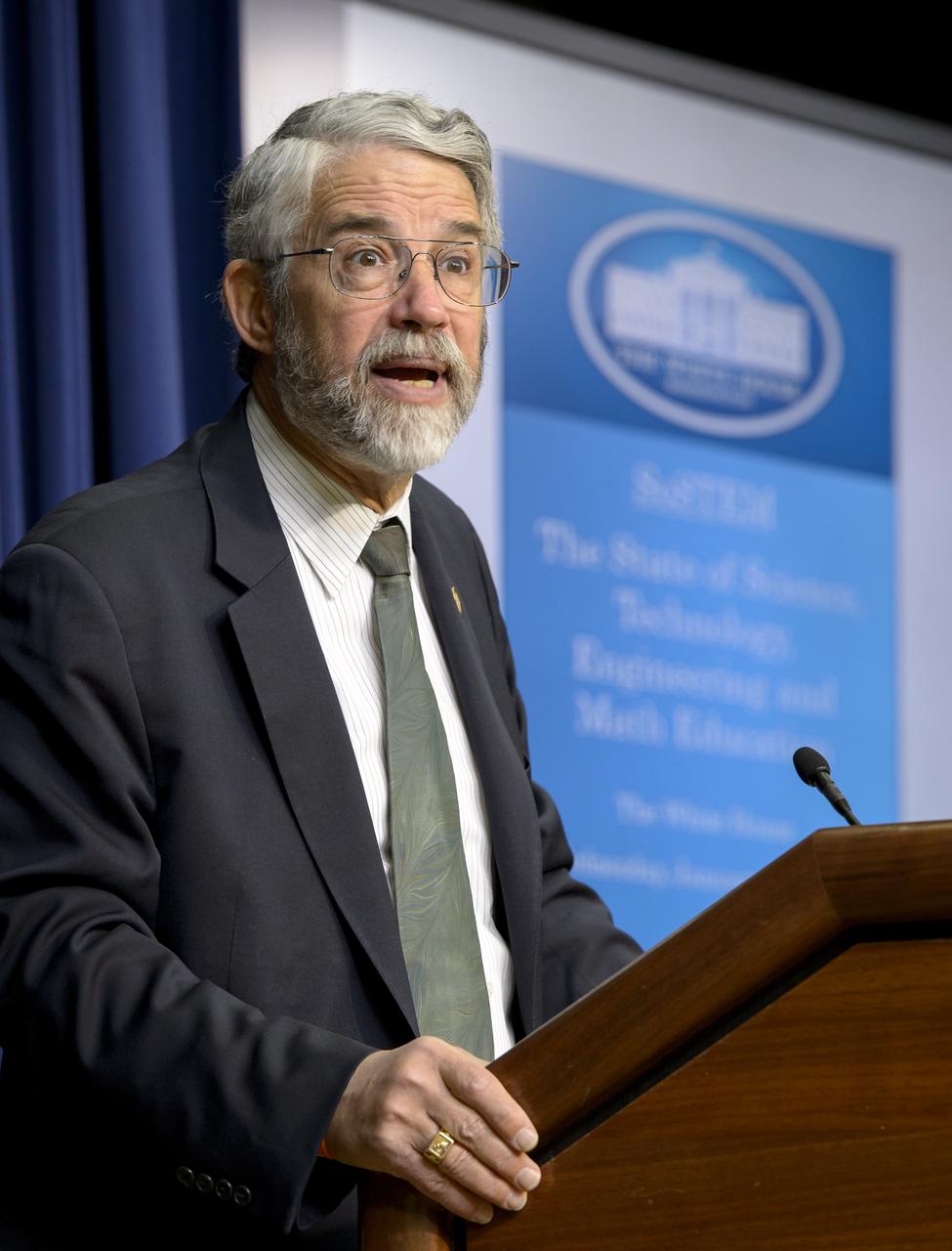 Dr. John P. Holdren, Assistant to the President for Science and Technology and Director of the White House Office of Science & Technology Policy, speaks at the annual White House State of Science, Technology, Engineering, and Math (SoSTEM) address, Wednesday, Jan. 29, 2014, in the South Court Auditorium in the Eisenhower Executive Office Building on the White House complex in Washington. Photo Credit: (NASA/Bill Ingalls)