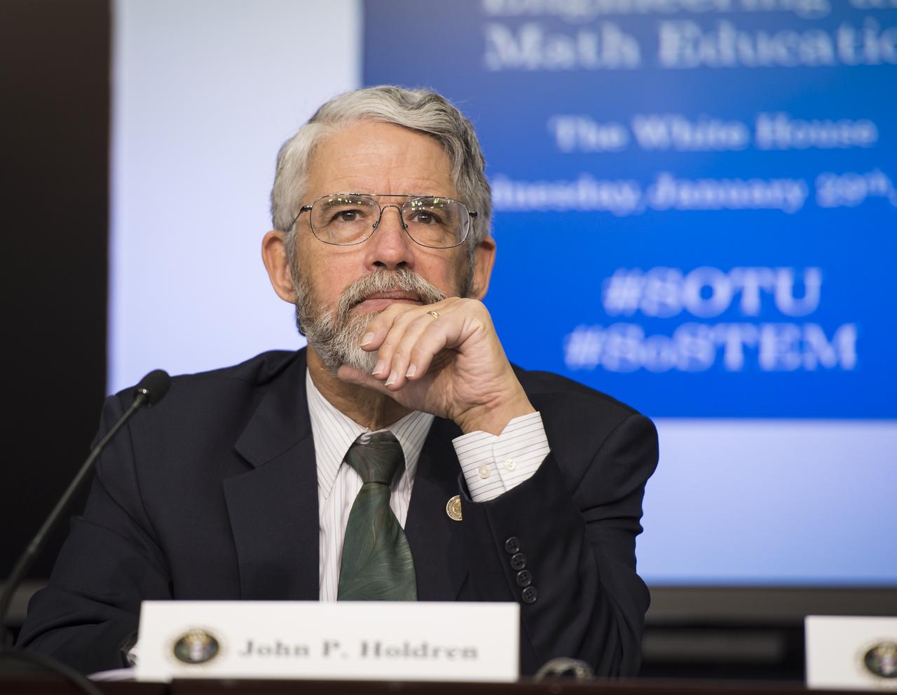 Dr. John P. Holdren, Assistant to the President for Science and Technology and Director of the White House Office of Science & Technology Policy, listens to a question during the annual White House State of Science, Technology, Engineering, and Math (SoSTEM) address, Wednesday, Jan. 29, 2014, in the South Court Auditorium in the Eisenhower Executive Office Building on the White House complex in Washington. Photo Credit: (NASA/Bill Ingalls)