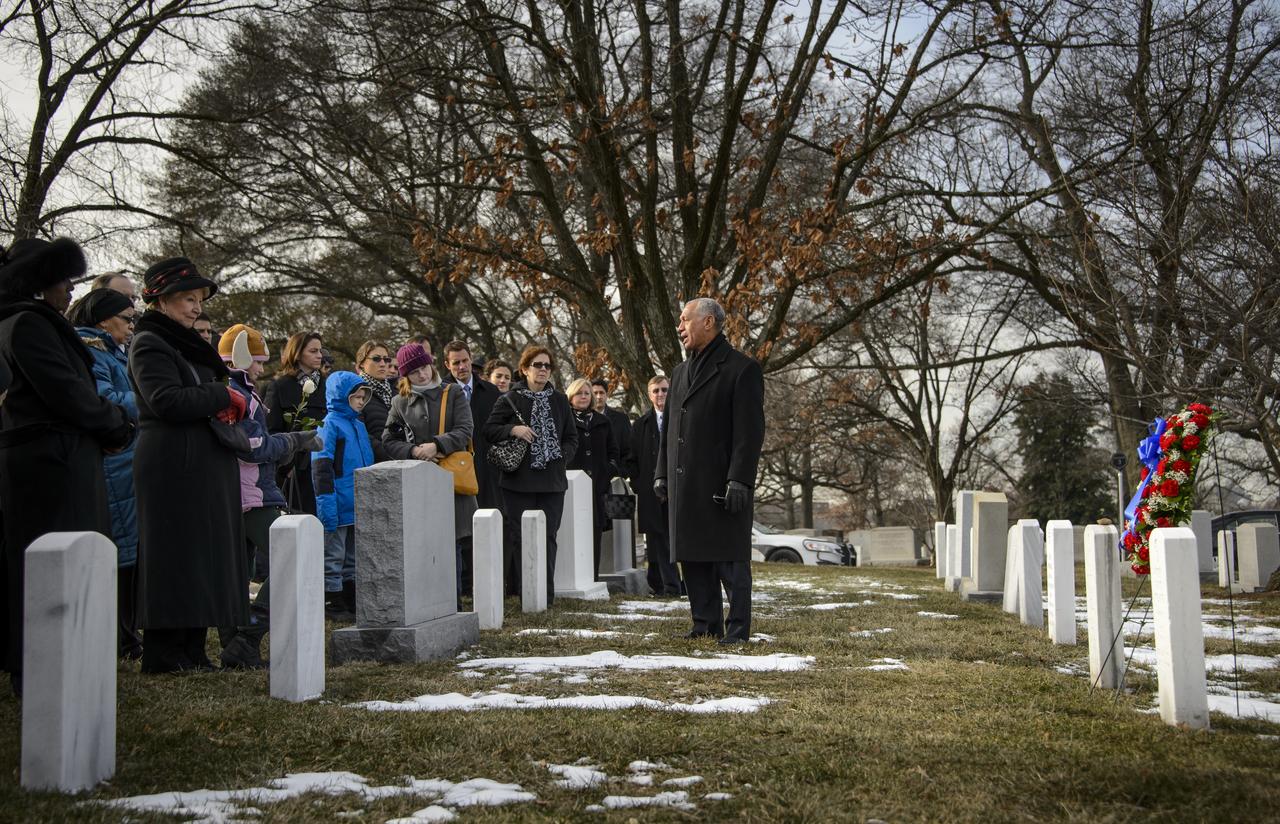NASA Administrator Charles Bolden speaks to NASA personnel and others during a wreath laying ceremony as part of NASA's Day of Remembrance, Friday, Jan. 31, 2014, at Arlington National Cemetery. The wreaths were laid in memory of those men and women who lost their lives in the quest for space exploration. Photo Credit: (NASA/Bill Ingalls)