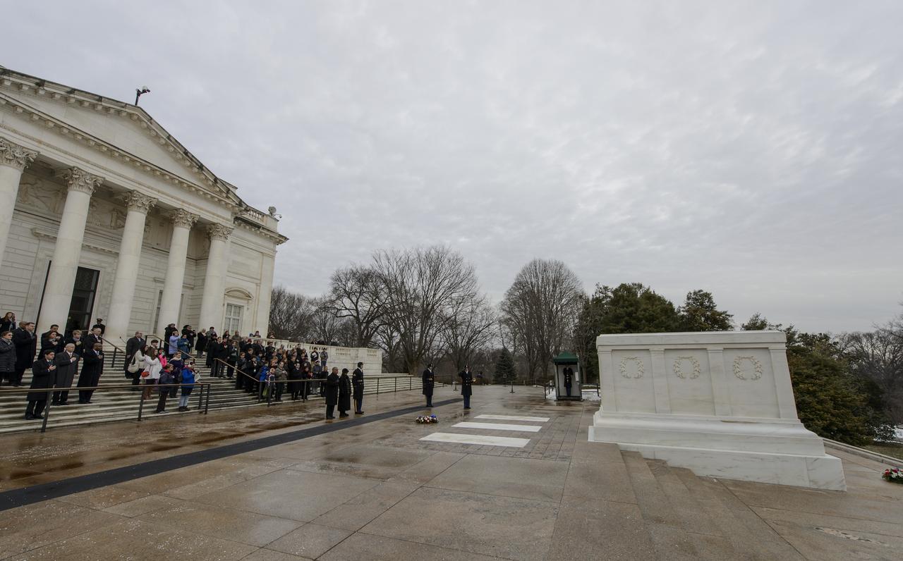 NASA Administrator Charles Bolden and his wife Alexis lay a wreath at the Tomb of the Unknowns as part of NASA's Day of Remembrance, Friday, Jan. 31, 2014, at Arlington National Cemetery.  The wreaths were laid in memory of those men and women who lost their lives in the quest for space exploration.  Photo Credit: (NASA/Bill Ingalls)