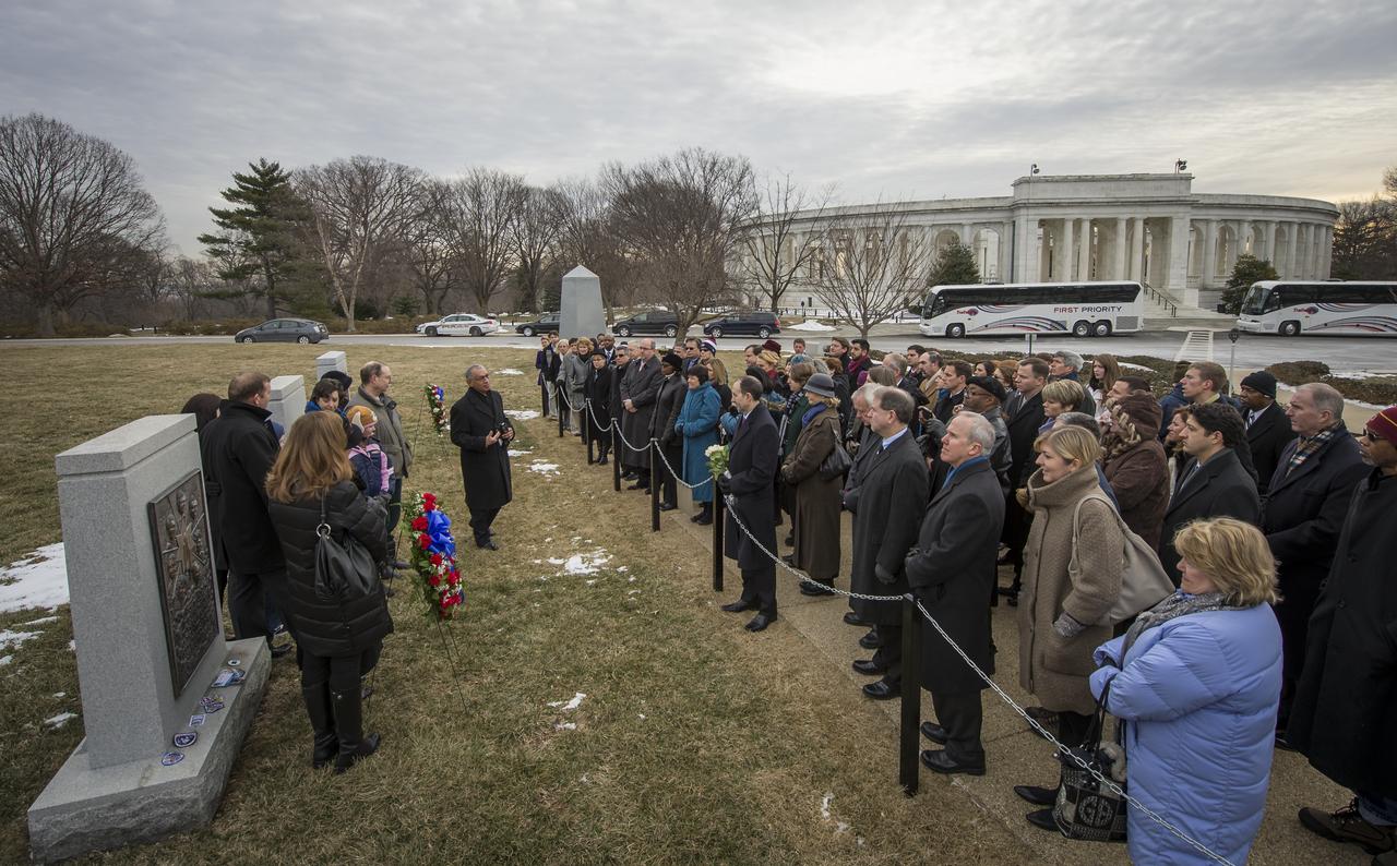 NASA Administrator Charles Bolden speaks to NASA personnel and others during a wreath laying ceremony as part of NASA's Day of Remembrance, Friday, Jan. 31, 2014, at Arlington National Cemetery.  The wreaths were laid in memory of those men and women who lost their lives in the quest for space exploration.  Photo Credit: (NASA/Bill Ingalls)